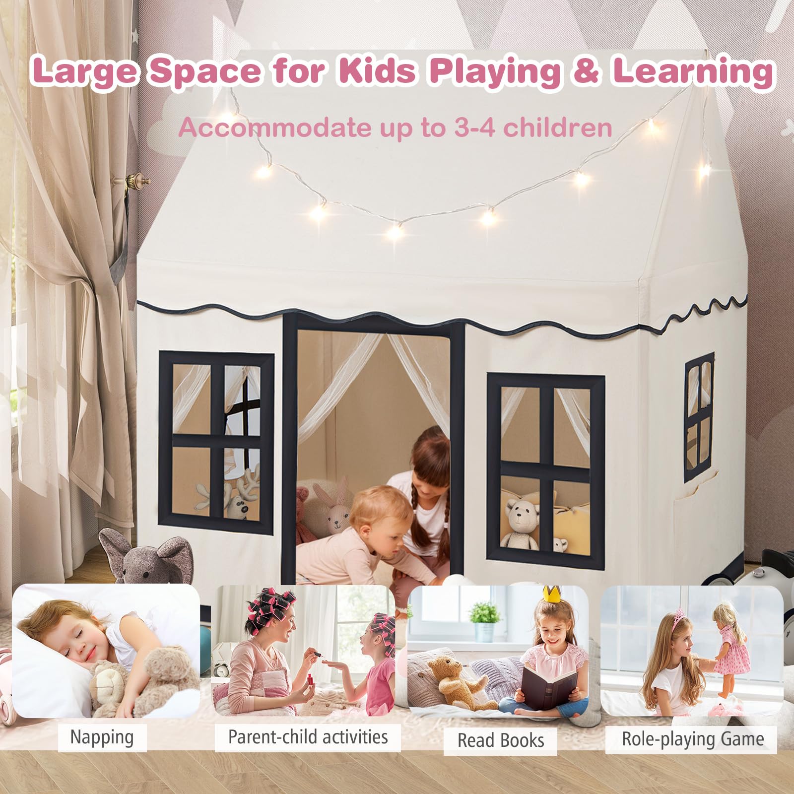 HOMASIS Tenda per Bambini in Cotone, Casa da Gioco per Bambini con Luci Stellari, Borsa per il Trasporto, Tappetino, Regalo per Ragazzi e Ragazze, Tenda da Gioco Interni e Cameretta (Beige+nero)
