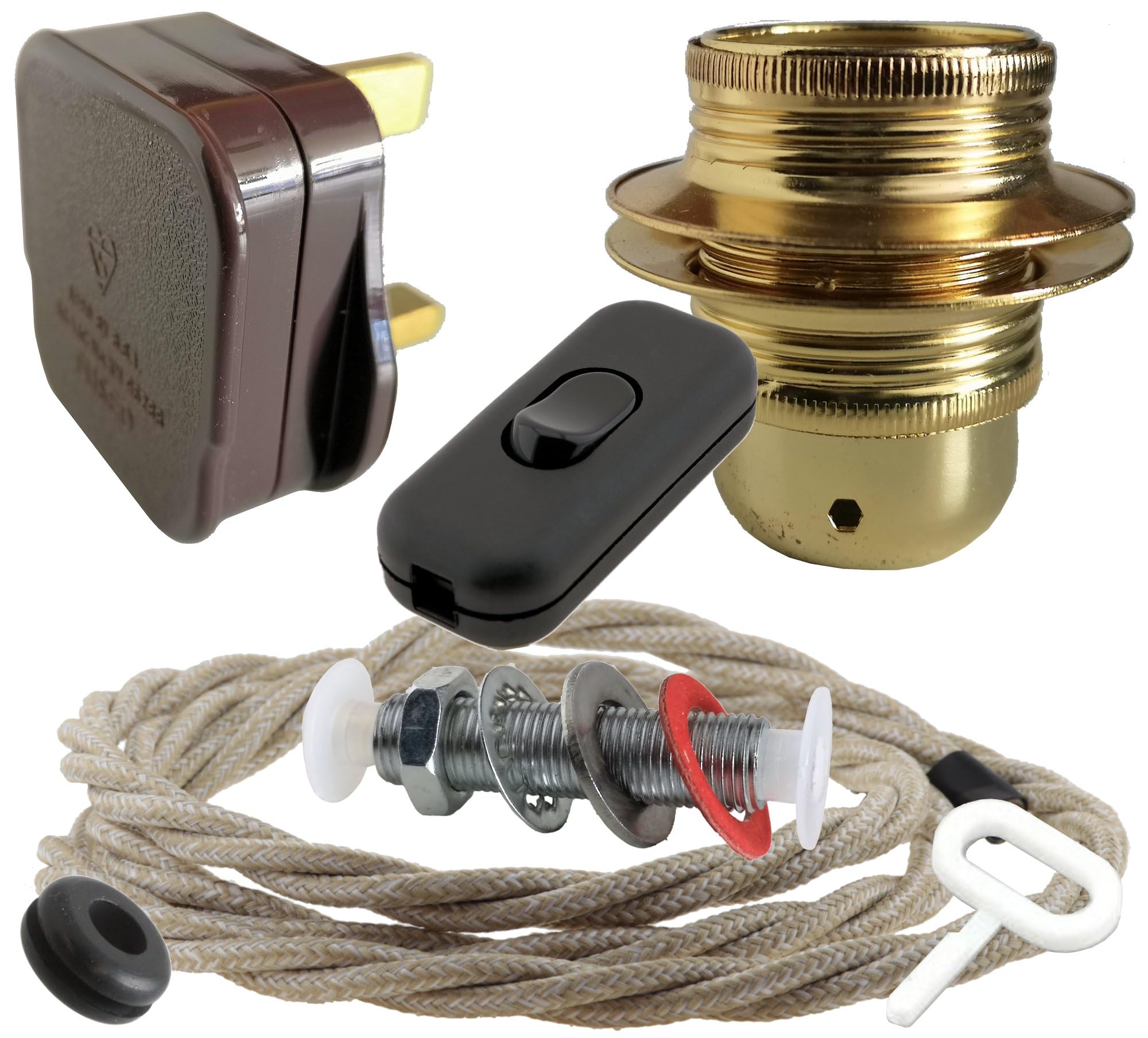 Art Deco Emporium Lamp Repair and Service Kit|Brown Plug|Linen Flex|Black Switch|E27 Brass Finish Lamp Holder Holder
