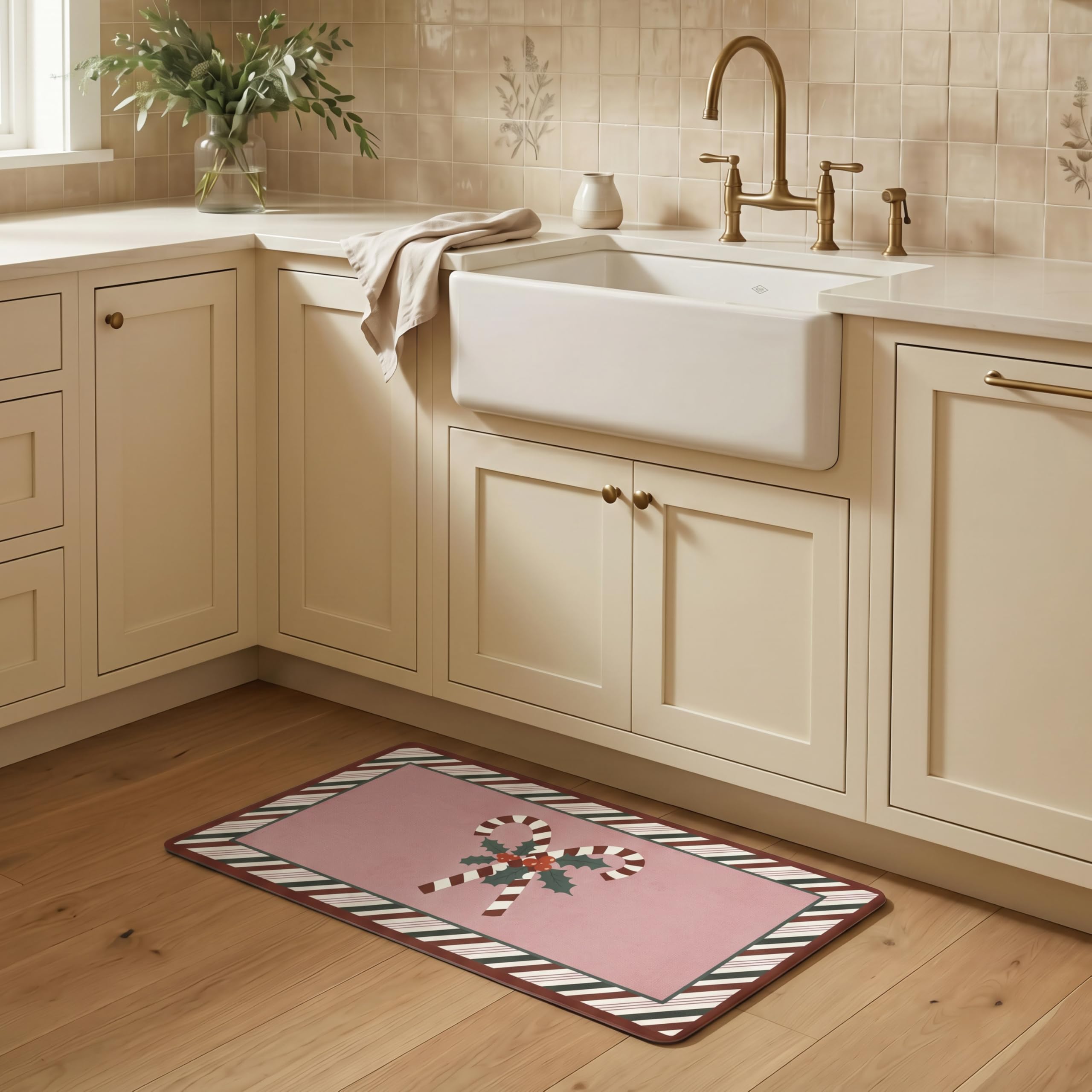 Laura Ashley Candy Cane Peppermint Border Anti Fatigue Kitchen Mat, Non Slip Cushioned Comfort Floor Mat, 17.5"x32", Pink