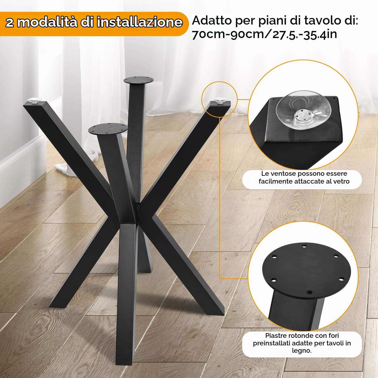 Homtone 2 gambe per tavolo a ragno, resistenti, in stile industriale, rustico, fai da te, con gambe in metallo, per tavoli rotondi da caffè, per esterni e interni, colore nero (altezza 71 x larghezza