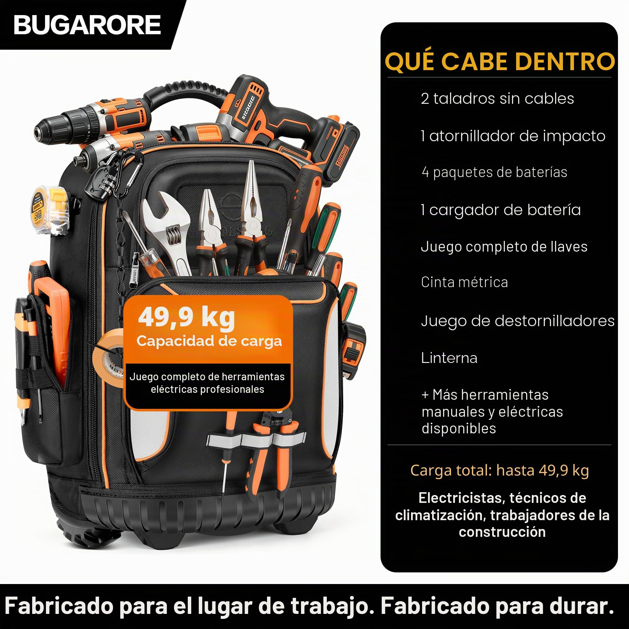 Mochila de herramientas con rueda, mochila de herramientas rodante para electricista, bolsa de herramientas resistente con ruedas para trabajos de construcción, 75 bolsillos y bucles, mochila de