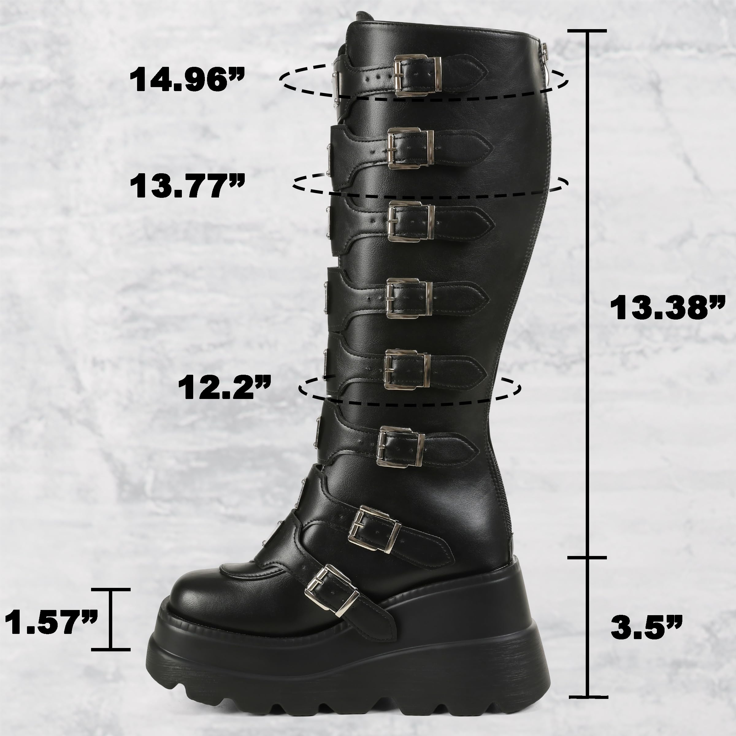 CELNEPHO Womens Wedge Platform Knee High Boots High Heel Round-Toe Zip Punk Goth Mid Calf Combat Boots For Women