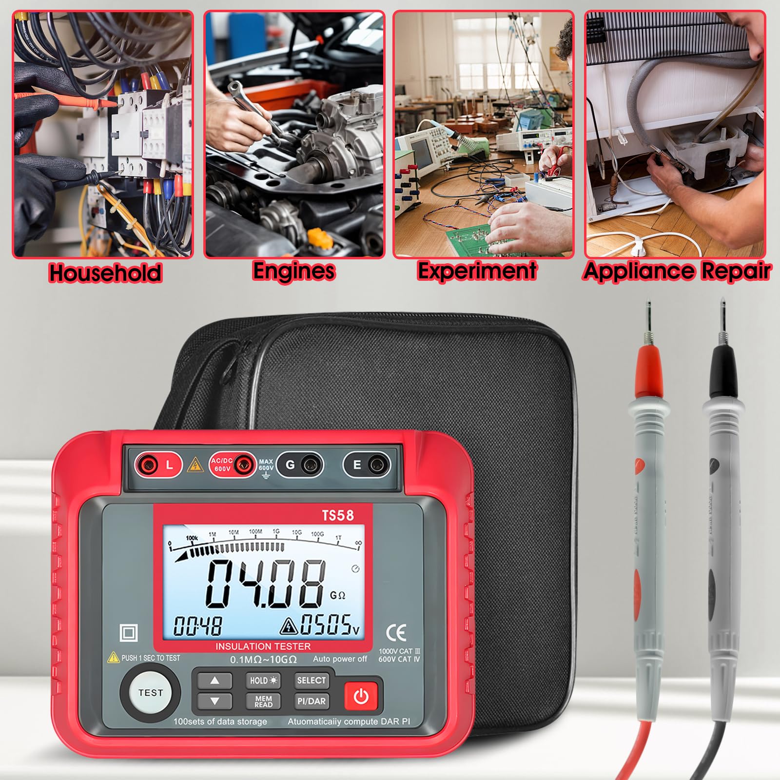 Megóhmetro Medir Resistencia de Aislamiento, 0,1MΩ~10GΩ Insulation Resistance Meter, Tensión Salida 50V~1000V, Test PI/DAR, Almacenamiento 100Datos para Motores, Cable, Transformadores, Condensadores