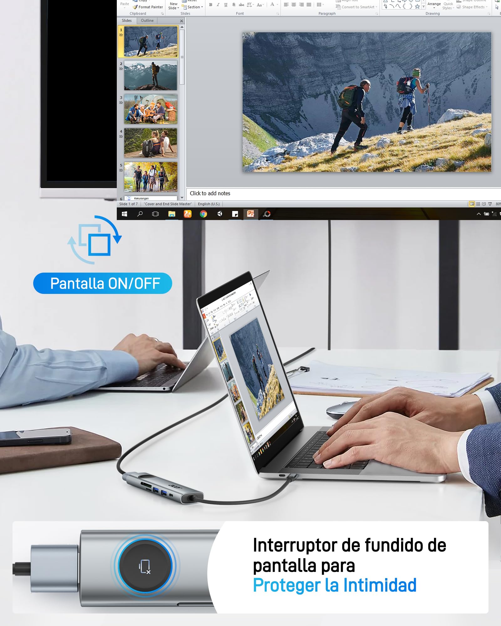 Acer Hub USB C 7 en 1, Docking Station 4K@60Hz Con 2 Puertos USB 3.0, PD 100W, Adaptador HDMI Con Botón de Encendido/Apagado Para Macbook, iPad Pro/Air, PC y Tabletas