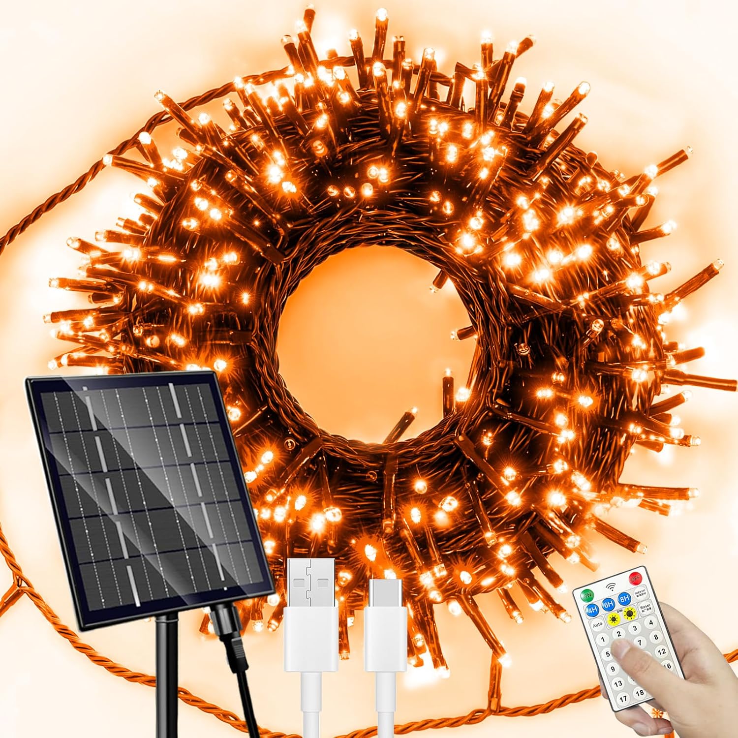 SOLARBABY Halloween Lights Outdoor, 164FT 500LED Solar Sting Lights, 19 Modes Solar Fairy Lights Outdoor for Halloween Decoritons, Xmas Tree, Garden, Porch, Christmas Decor, Orange