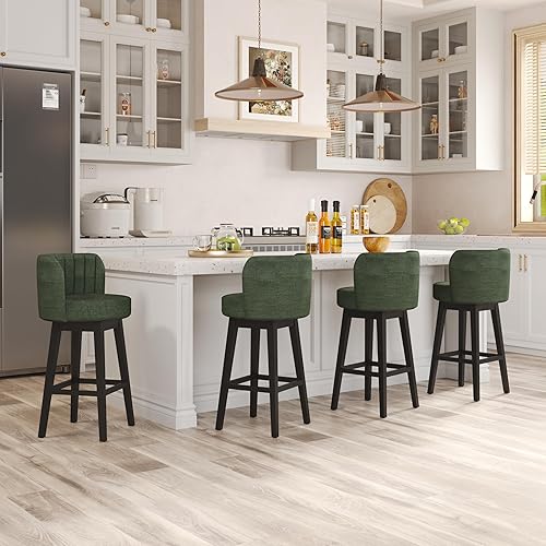 COCO DESIGN Swivel Bar Stools Set of 4, 30" Bar Height Mid Century Modern Barstools with Back, Chenille Upholstered Seat and Solid Wood Legs, for Bar Kitchen Island, Elegant Green