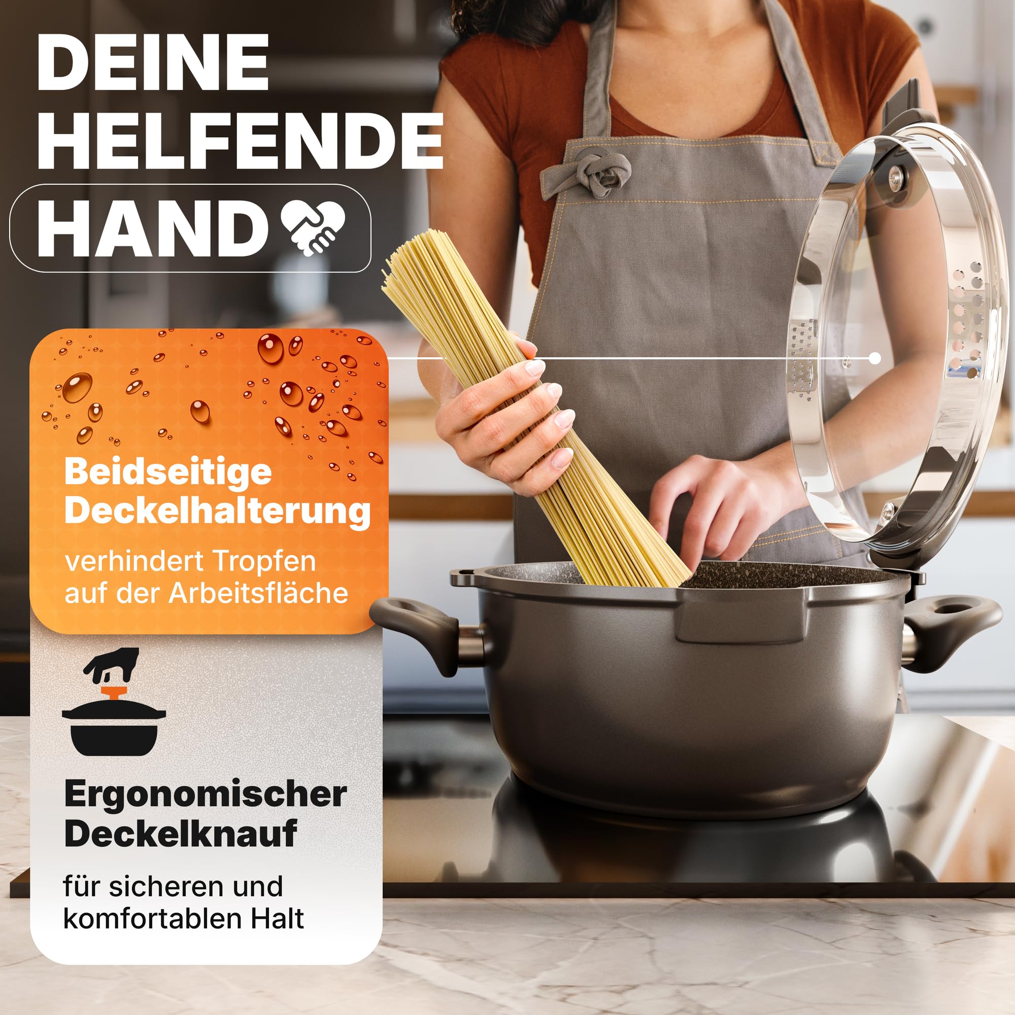 STONELINE Future Topfset Induktion, 8-teiliges Topfset mit Pfanne und Sieb Deckel, Kochtopf Set beschichtet mit echten Steinpartikeln, Aluguss Topf und Pfanne Induktion für alle Herdarten geeignet
