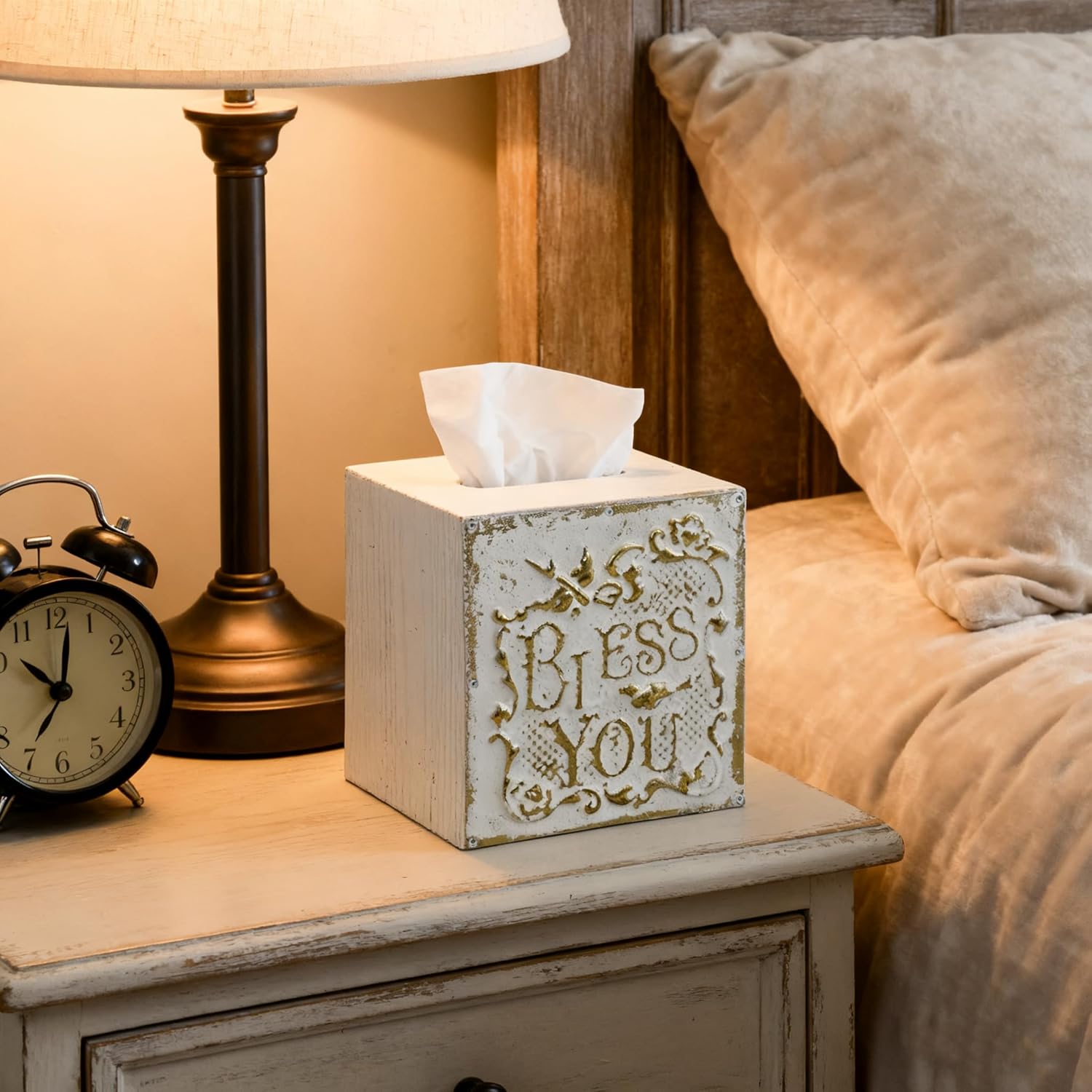 Vintage Distressed White Wooden Tissue Box Cover with Bless You Embossed Design - Rustic Farmhouse Decor for Bathroom, Living Room (White)