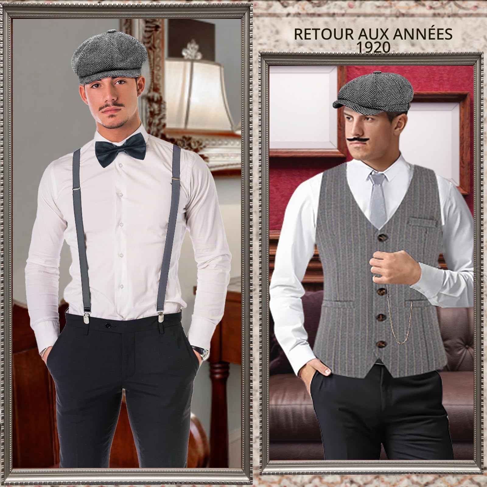 JONRRYIN Costume des années 20 pour homme, accessoires de mafia des années 20 avec gilets et divers accessoires pour Halloween, costume de carnaval (gris, L)