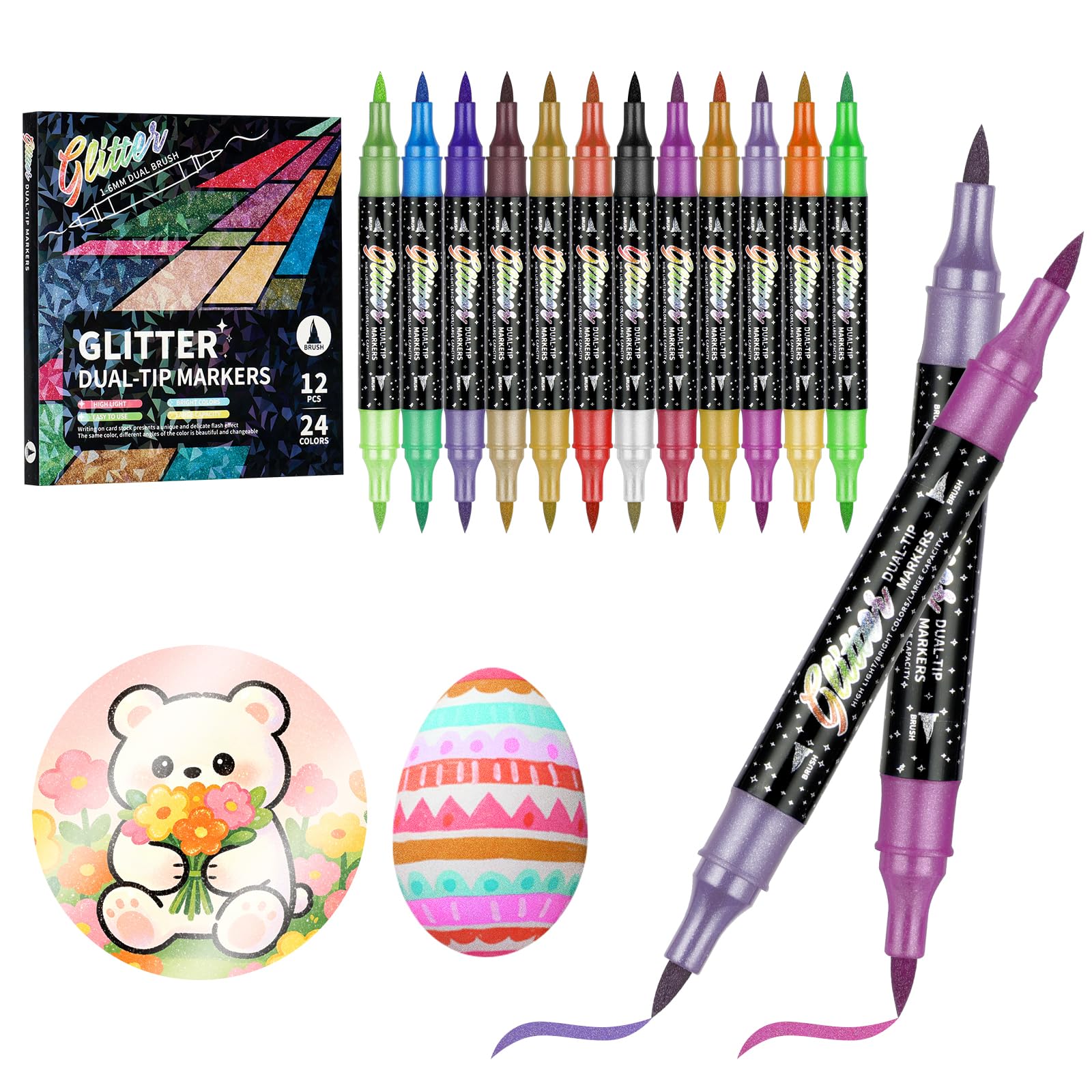 NUTKIT 24Colors Glitter Marker Pens Set, 12Pack Dual Tip Glitter Paint Pens