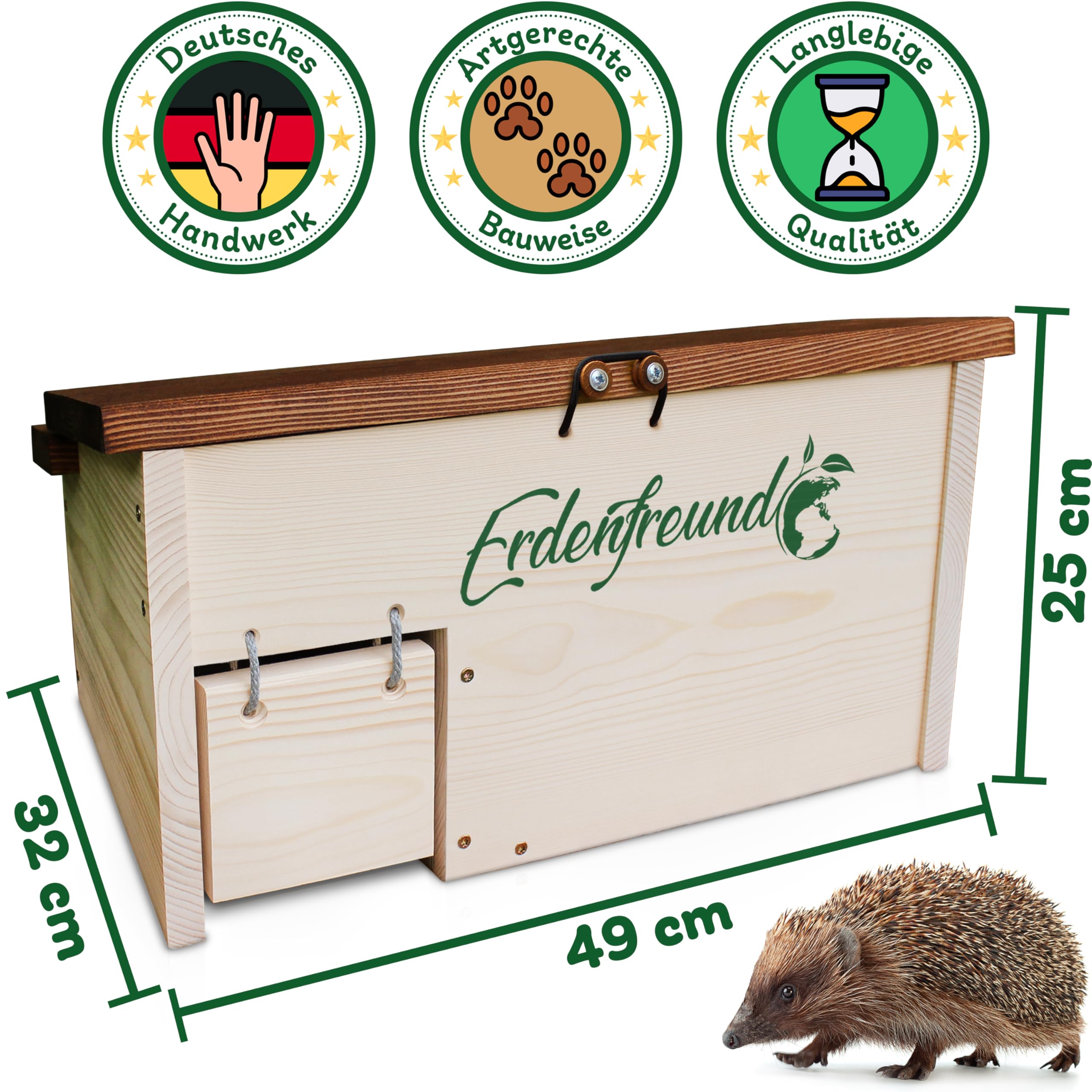 Erdenfreund® Igelhaus mit Rattenklappe, Sicherheitsverschluss & Labyrintheingang gegen Fressfeinde Igelhotel groß für den Winterschlaf & zum Nisten (Igelhaus Winterquartier & Nisthaus rattensicher)
