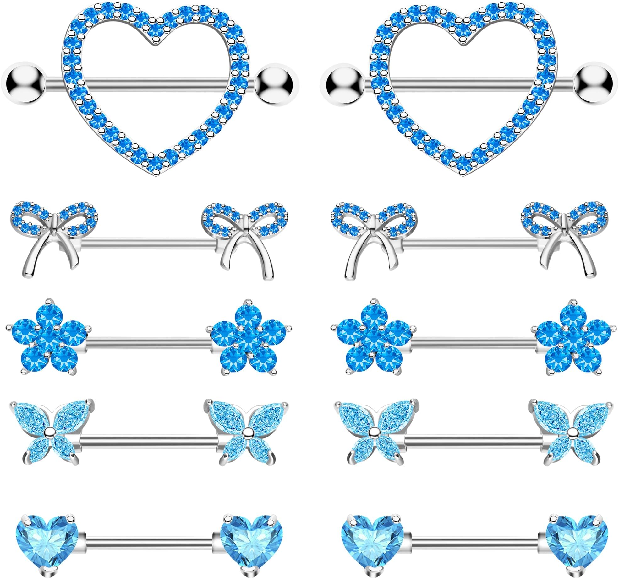 BSJ4UNipple Rings - Surgical Stainless Steel Gold Silver Pink Blue Purple CZ Heart Butterfly Flower Bow Jewelry - 14 Gauge Nipple Bars and Barbells