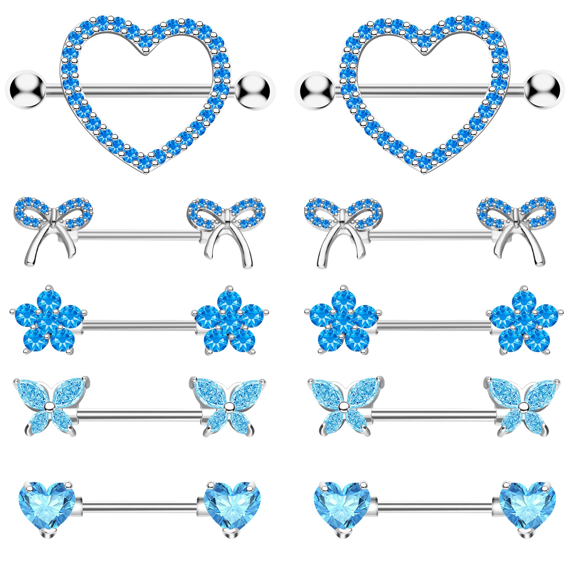 BSJ4UNipple Rings - Surgical Stainless Steel Gold Silver Pink Blue Purple CZ Heart Butterfly Flower Bow Jewelry - 14 Gauge Nipple Bars and Barbells