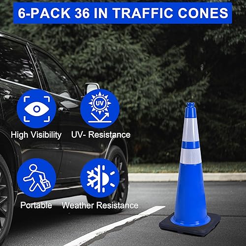 Miniatura 3 de OrangeStar Conos de tráfico de 36 pulgadas, paquete de 6 conos de seguridad azules con collares reflectantes, base resistente para construcción,