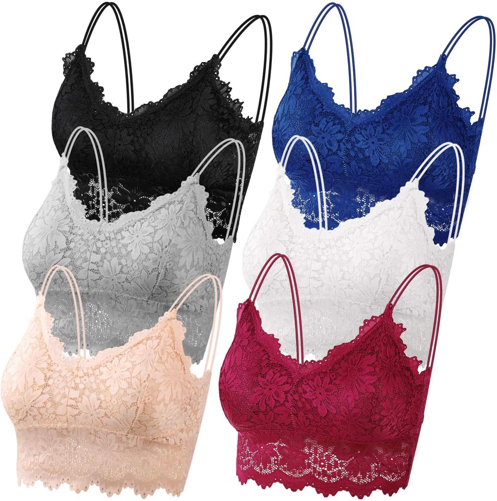 PAXCOO 6 Pcs Lace Bralette for Women, Lace Bralette Padded Lace Bandeau Bra with Straps for Women Girls