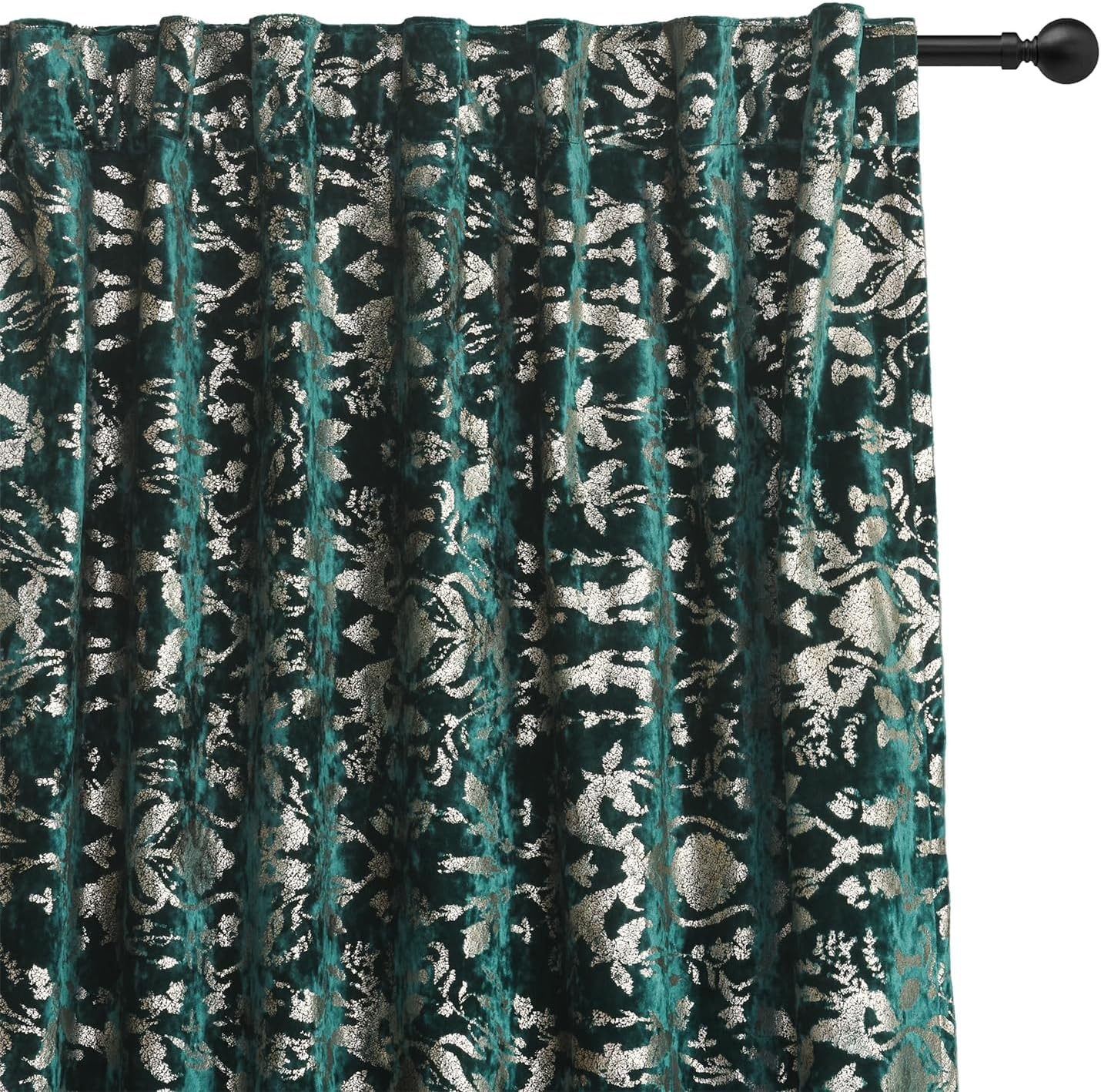 Roslynwood Luxury Velvet Gold Foil Print Teal Shiny Curtains 63 inches Long Back Tab Thick Thermal Insulated Window Drapes for Living Room/Bedroom/Dining Room, W52 x L63, 2 Panels