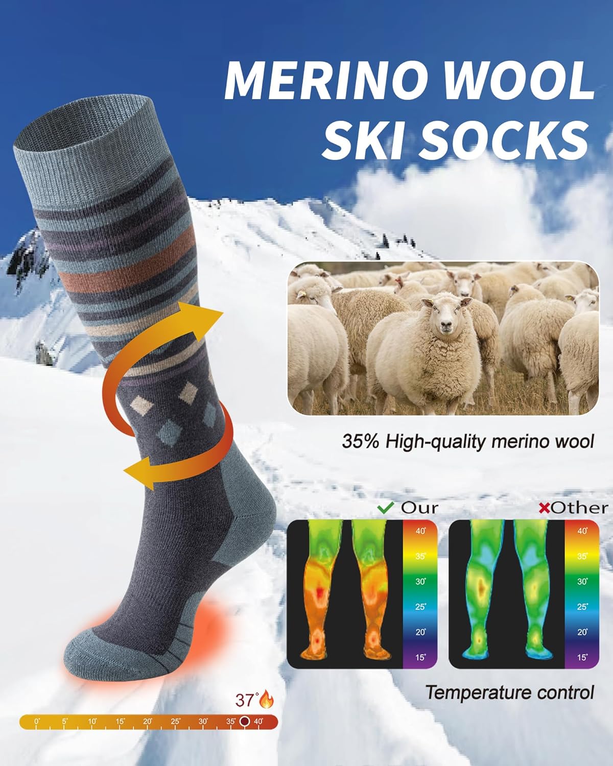 Merino Wool Ski Socks for Men Women, Thick Knee High Thermal Winter Snowboarding Socks with Exquisite Box - Image 3
