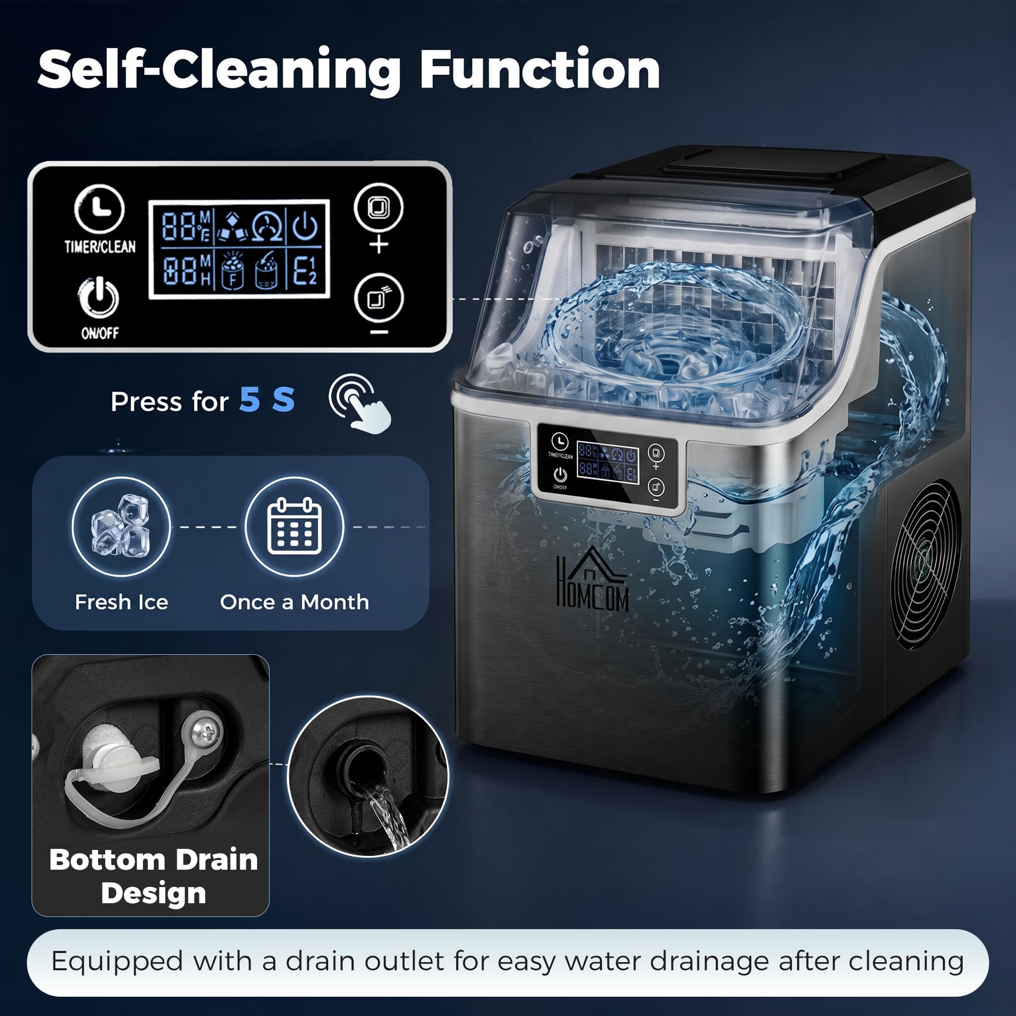 HOMCOM Máquina para hacer hielo 20 kg/24h 2.3 L Máquina para hacer cubitos de hielo con 3,2 L Depósito de agua Display Ice Cube Maker Machine - Máquina expendedora de hielo Autolimpieza Negro 25,2 x