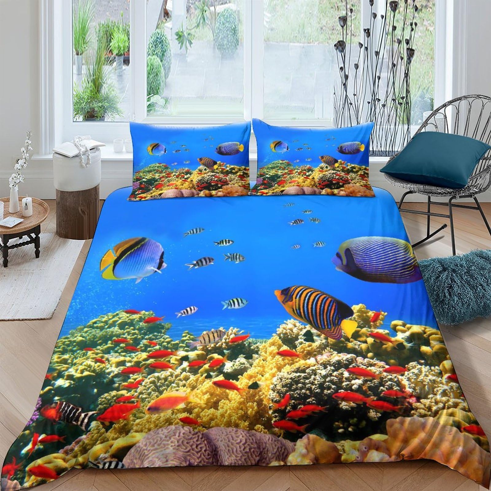 Ctjqhvkz Style-8 3D Printed Ocean Coral Reef Fitted Sheet Microfiber Soft Breathable Tropical Fish Bed Cover For Bedroom Guest Room Decor Single（135X200cm）