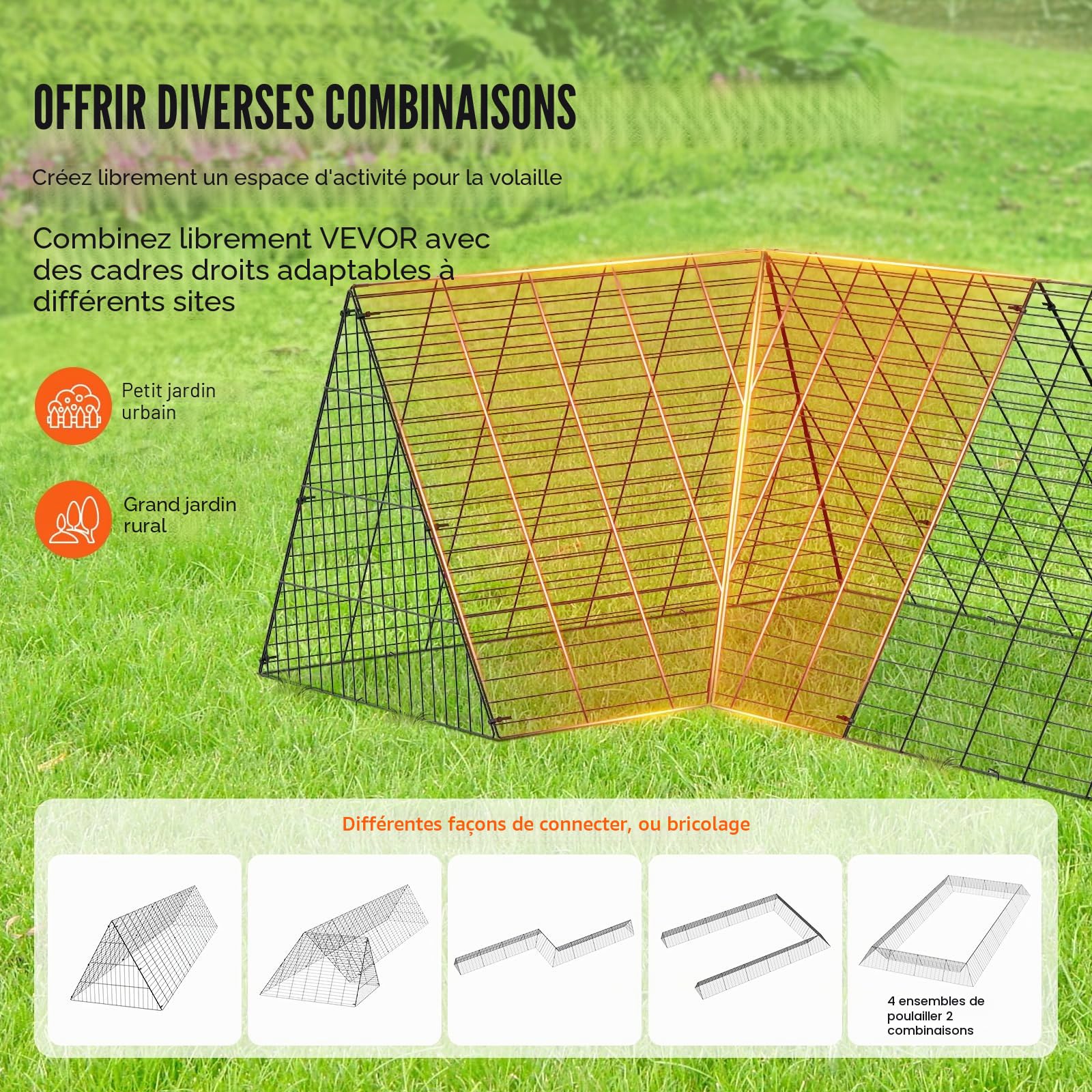 VEVOR Enclos du poulailler, 400 x 100 x 61,5 cm (LX LX H), Tunnels à Poules pour la Cour, poulailler Portable pour l’extérieur avec Cadres d’Angle, Cage à Poules adapté aux Poulets, Canards, Lapins