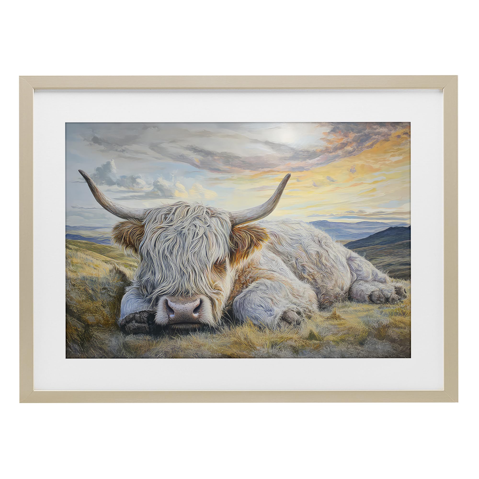 Stupell Industries Sleeping Highland Cow Sunset Sleeping Highland Cow Pastoral, 17 X 23 Inch Framed Print Under Glass