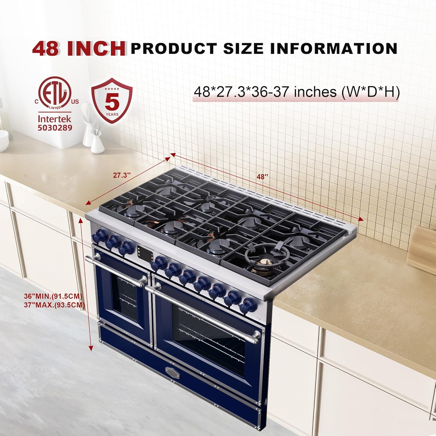 Akicon 48" Freestanding Gas Cooktop Oven Combo, Features 8 Sealed Burners, 6.7 Cu.ft Rapid Convection Oven, Convertible Fuel (NG/LP), Durable Cast Iron Grating (CBSCBSB1)