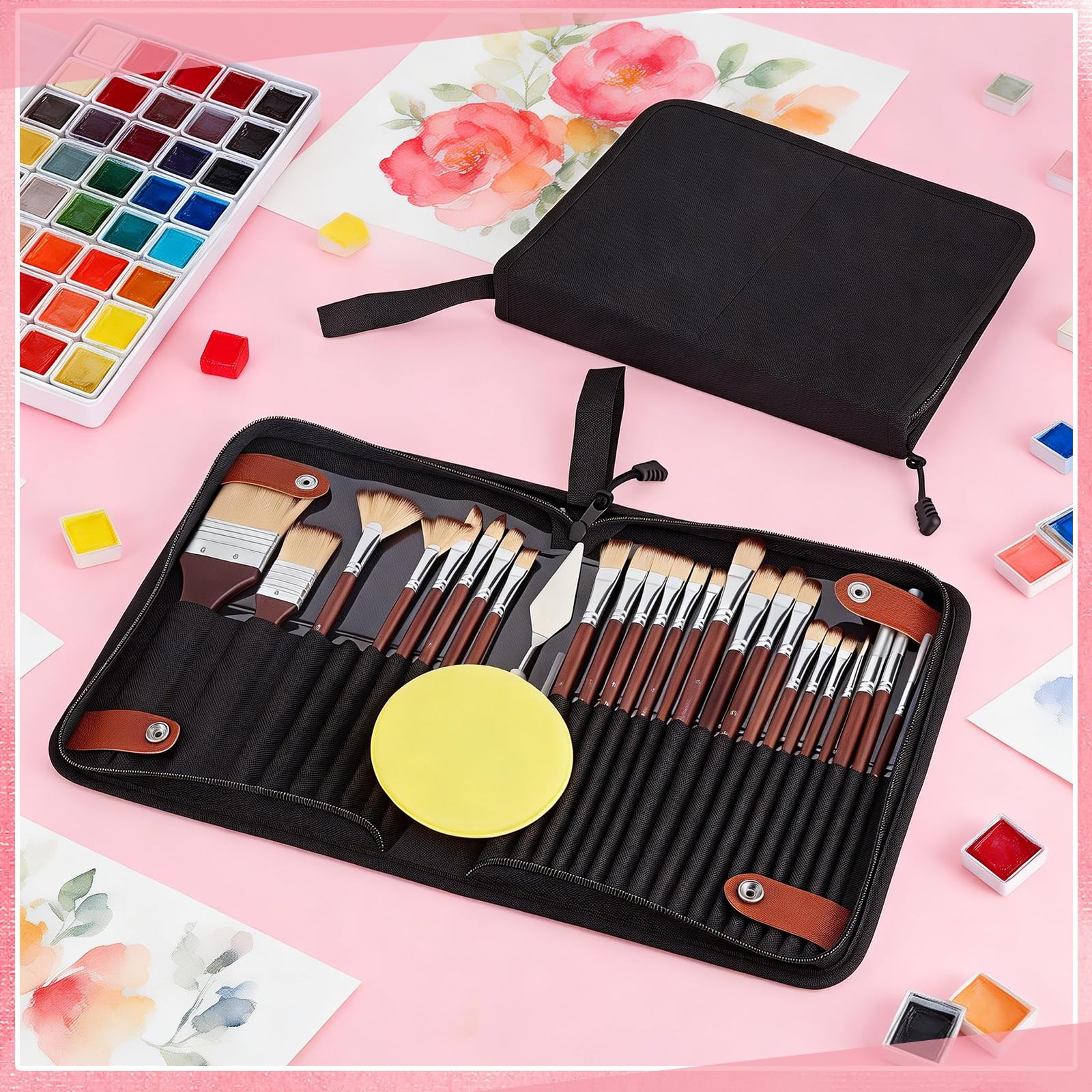 Juego de 2 pinceles de nailon con mango de madera, pinceles de pintura al agua, cepillos profesionales con espátula de pintura y bolsa para artistas, uso profesional, accesorios de arte