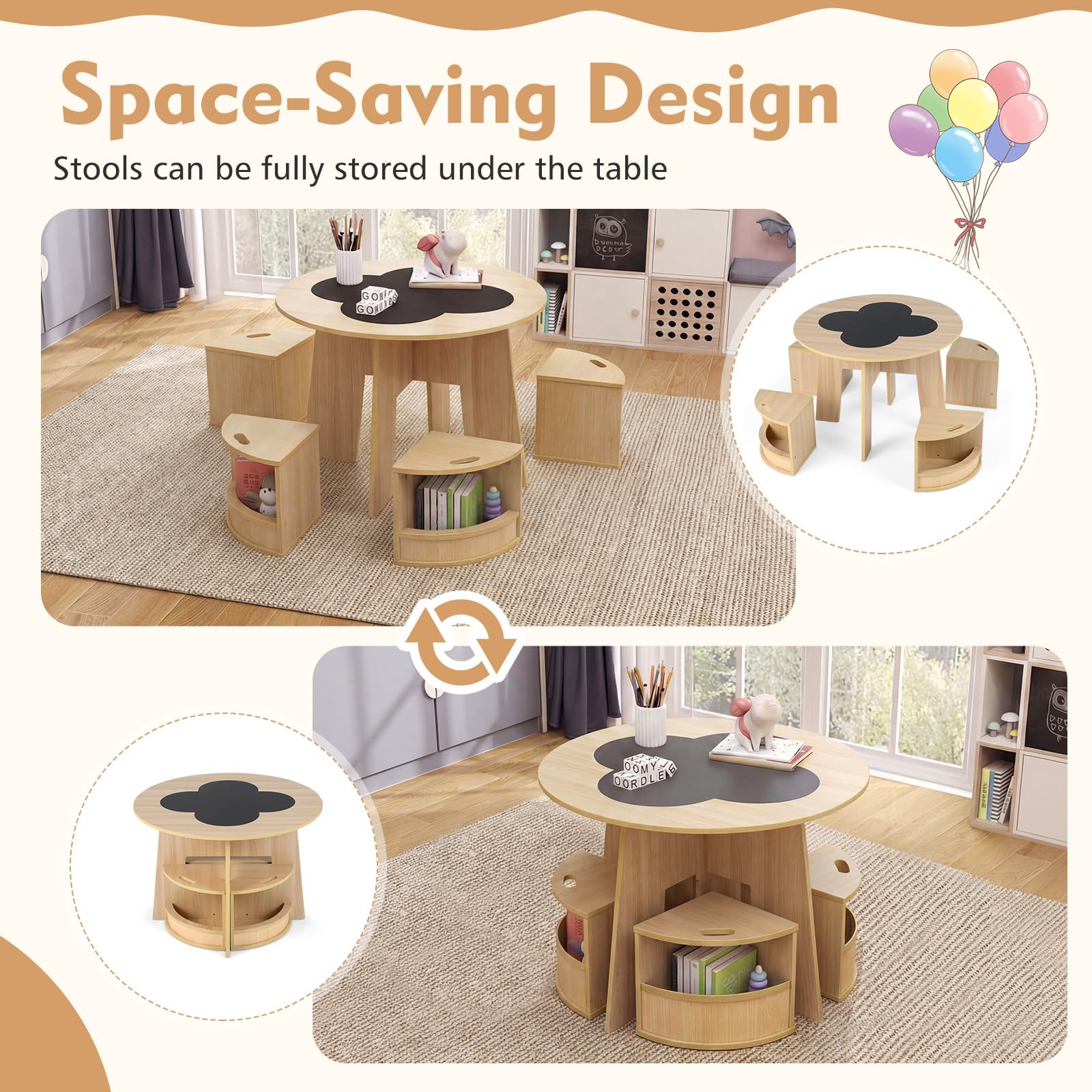 FANTASK 5-TLG. Kindertisch Stuhl Set Rund, Holztisch mit 4 Stauraumhockern, Maltisch für Kinderzimmer, Sitzgruppe ab 3 Jahren (Natur)