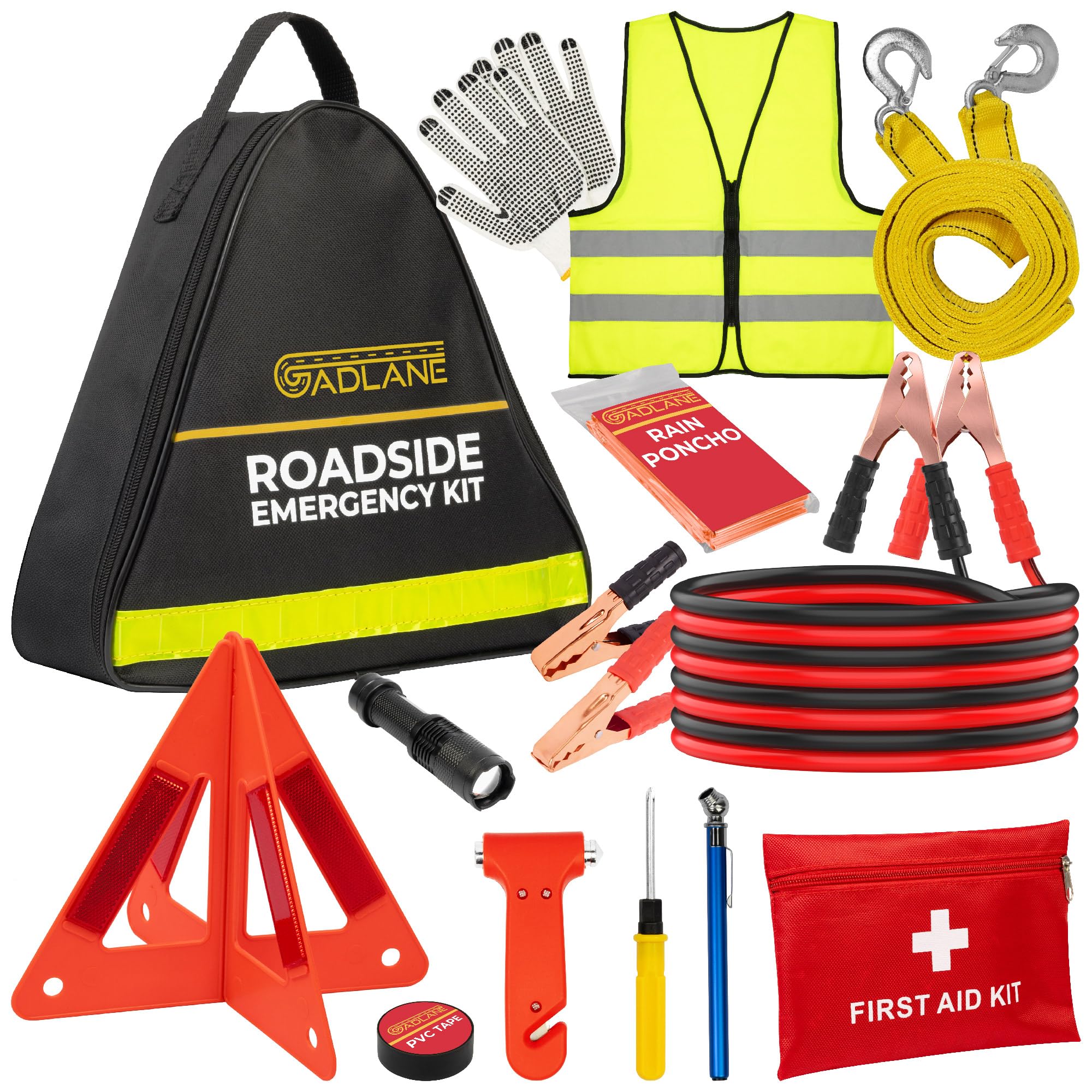 Car Breakdown Emergency Kit - Large Roadside Car Emergency Kit with Warning Triangle, Jump Leads, Tow Rope, First Aid Kit, Safety Hammer, Hi-Vis, etc New Driver Car Kit with Storage Case