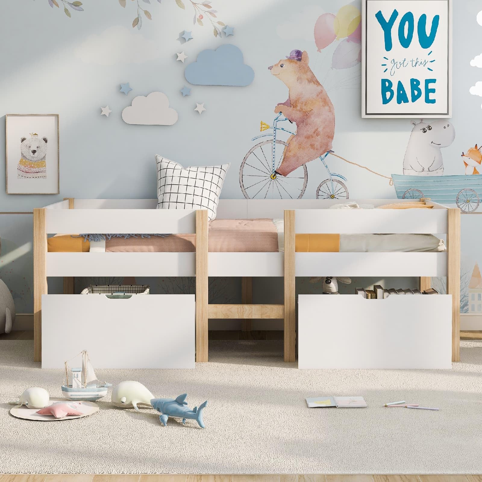 PUGSDRLY Lit d'enfant 90x190cm,Lit mi Hauteur avec Clôture de Sécurité et 2 Grands Tiroirs de Rangement,Cadre de Lit avec Sommier à Lattes en Bois,Lit Mezzanine Enfant(sans Matelas) (90x190-B)