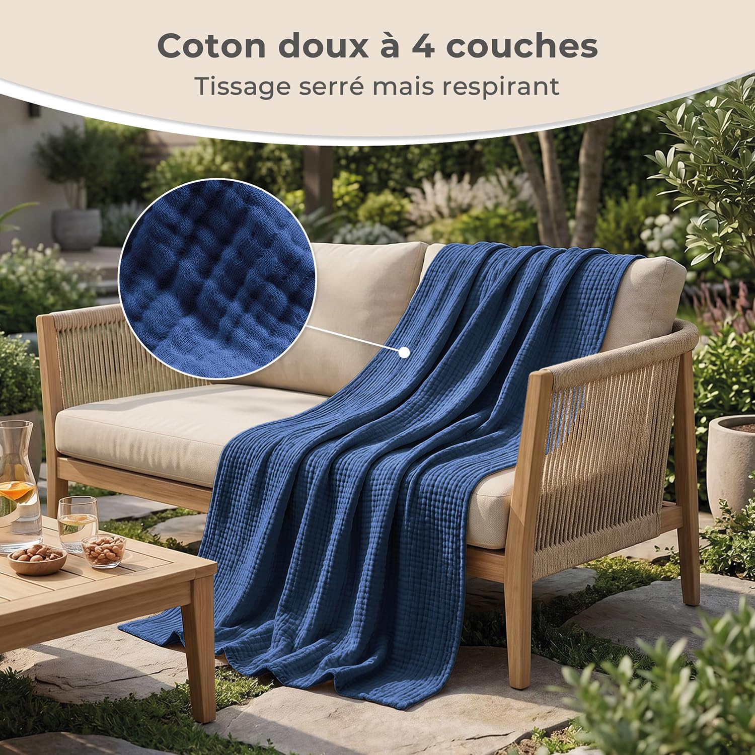 LAYNENBURG Premium Plaid canape Grande Taille en Mousseline 100% Coton – Couvre lit Respirant 4 Couches, Plaid Grande Taille, Jeté de canapé - Couverture légère 180x220 cm de Bleu