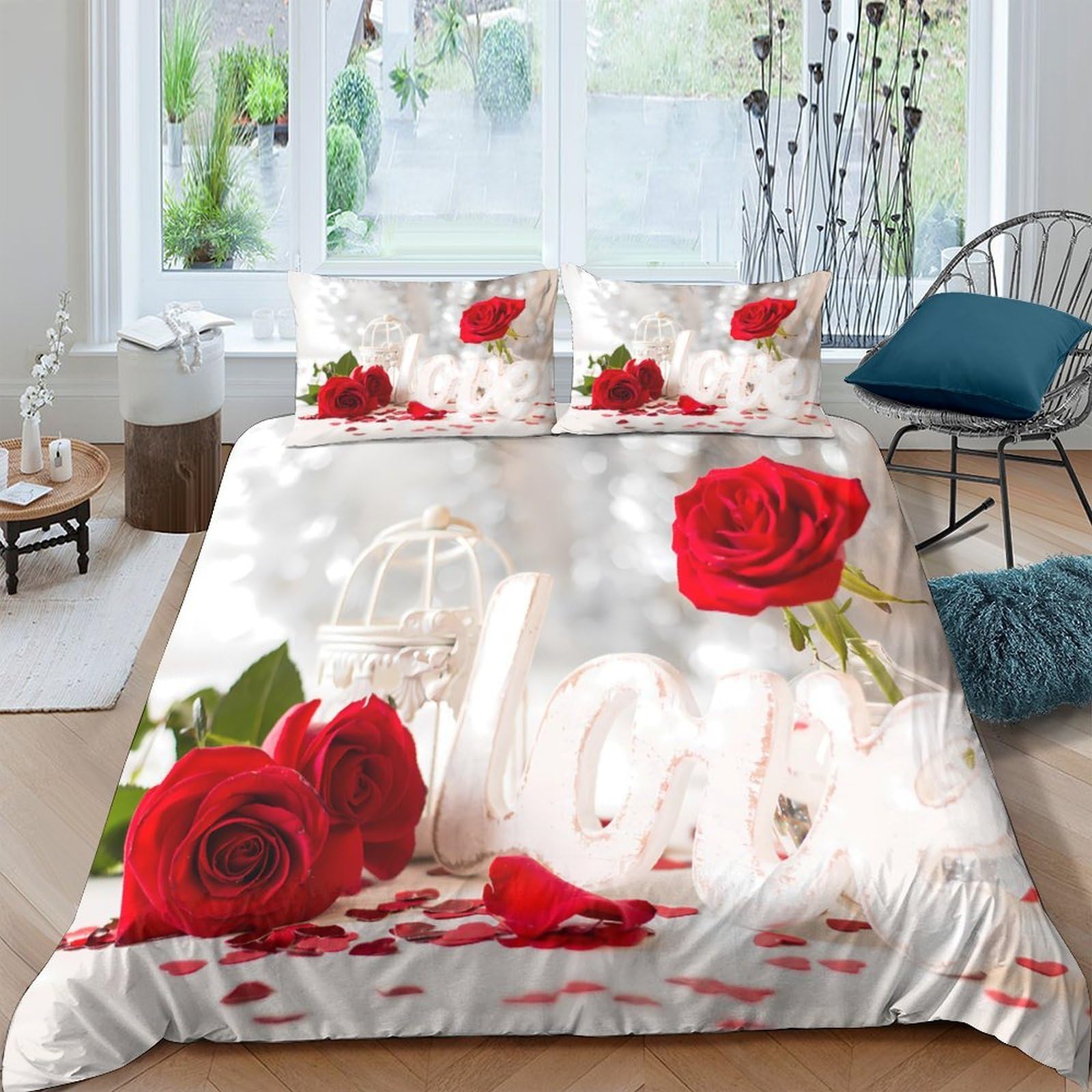 Ctjqhvkz Style-7 3D Printed Red Rose Fitted Sheet Microfiber Soft Romantic Love Letters Bed Cover For Bedroom Guest Room Decor Single（135X200cm）