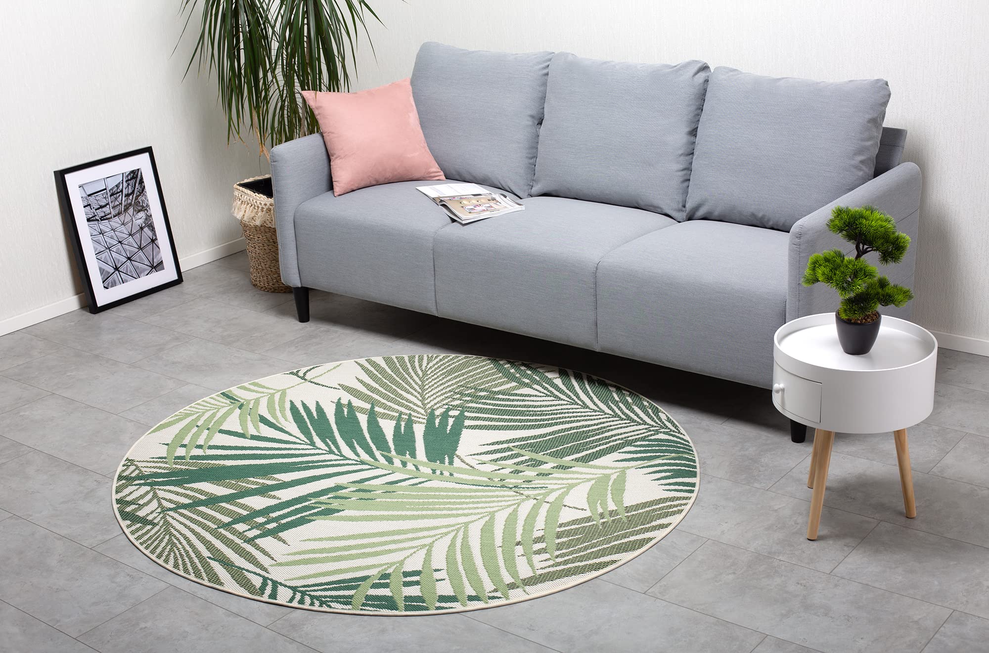 DomDeco In- & Outdoor Teppich Rund Dave, aus wetterfester, robuster Kunstfaser in klassischen & modernen Styles, für Terrasse/Balkon oder auch für Innen, Grün in Ø160cm