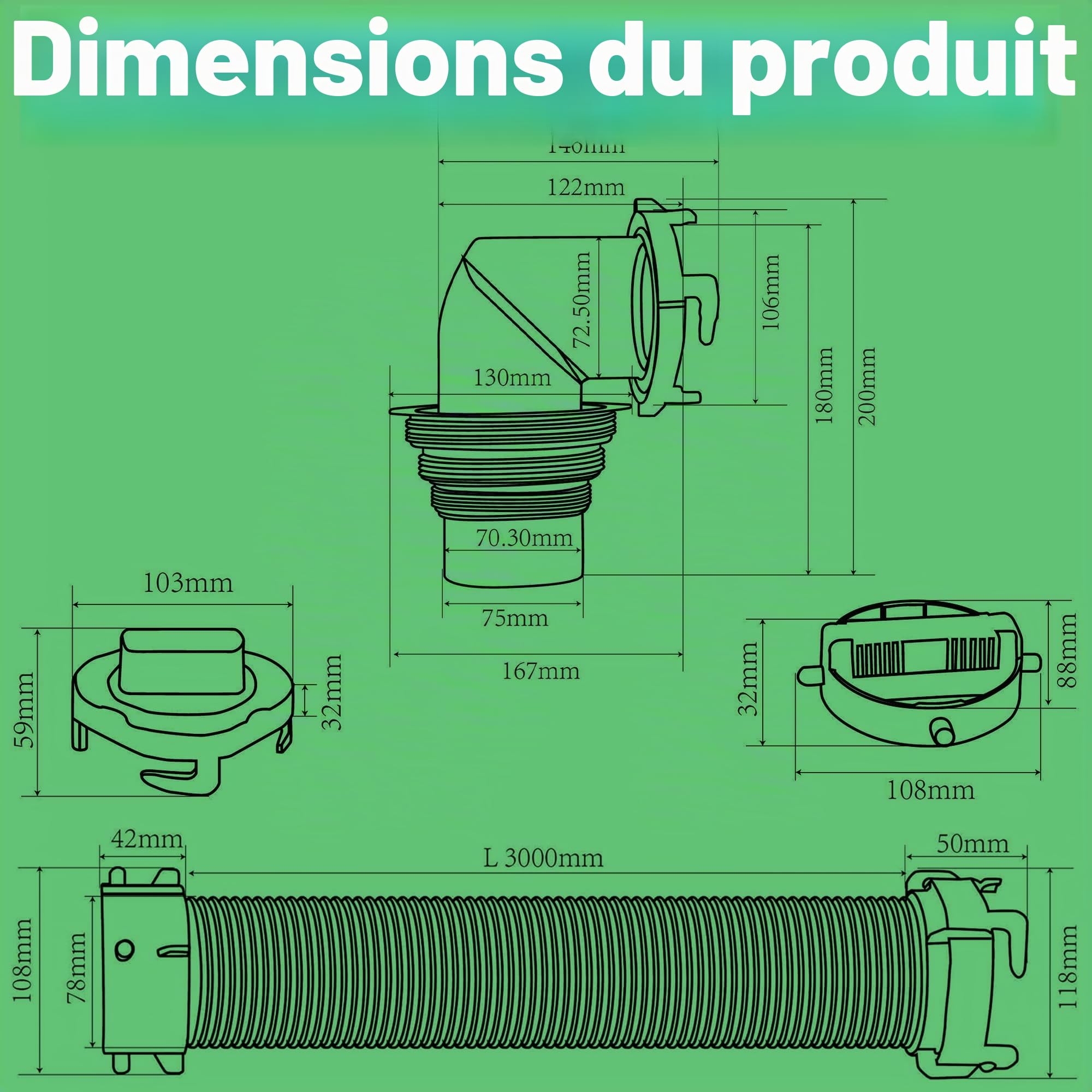 Offgridtec® Kit de tuyau d'évacuation pour camping-car sans outils pour évacuer l'eau résiduelle et les eaux usées