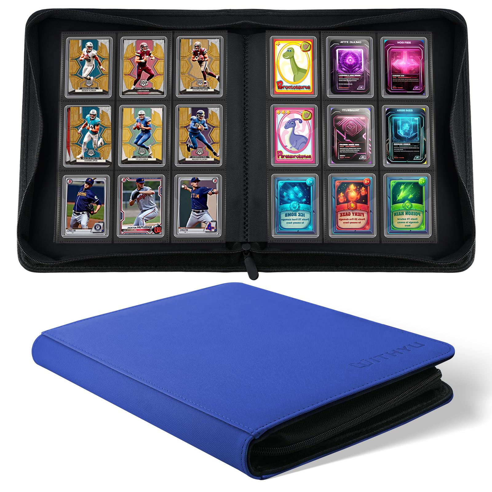 Album de Protection Toploader pour 288 Toploaders - Grande Capacité 9 Emplacements, Zippé Sans Anneaux Classeur Collection Toploader pour Cartes de Sport, Football, Collection (Bleu Foncé)