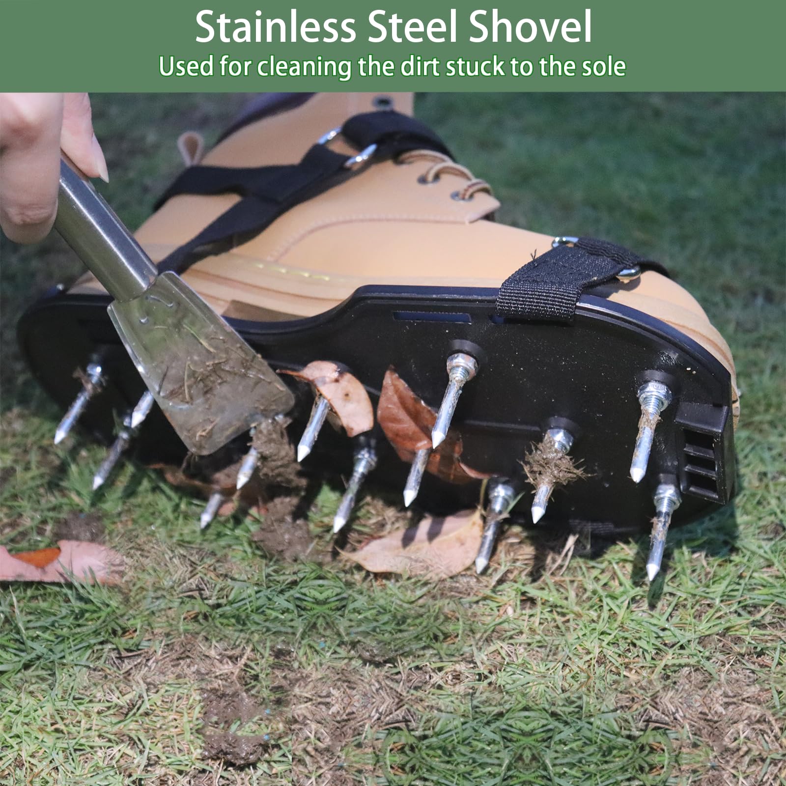 Chaussures aérateurs de pelouse pré-assemblées avec sangles réglables et pelle en acier inoxydable, chaussures à pointes robustes pour homme et femme pour pelouse, cour et jardin