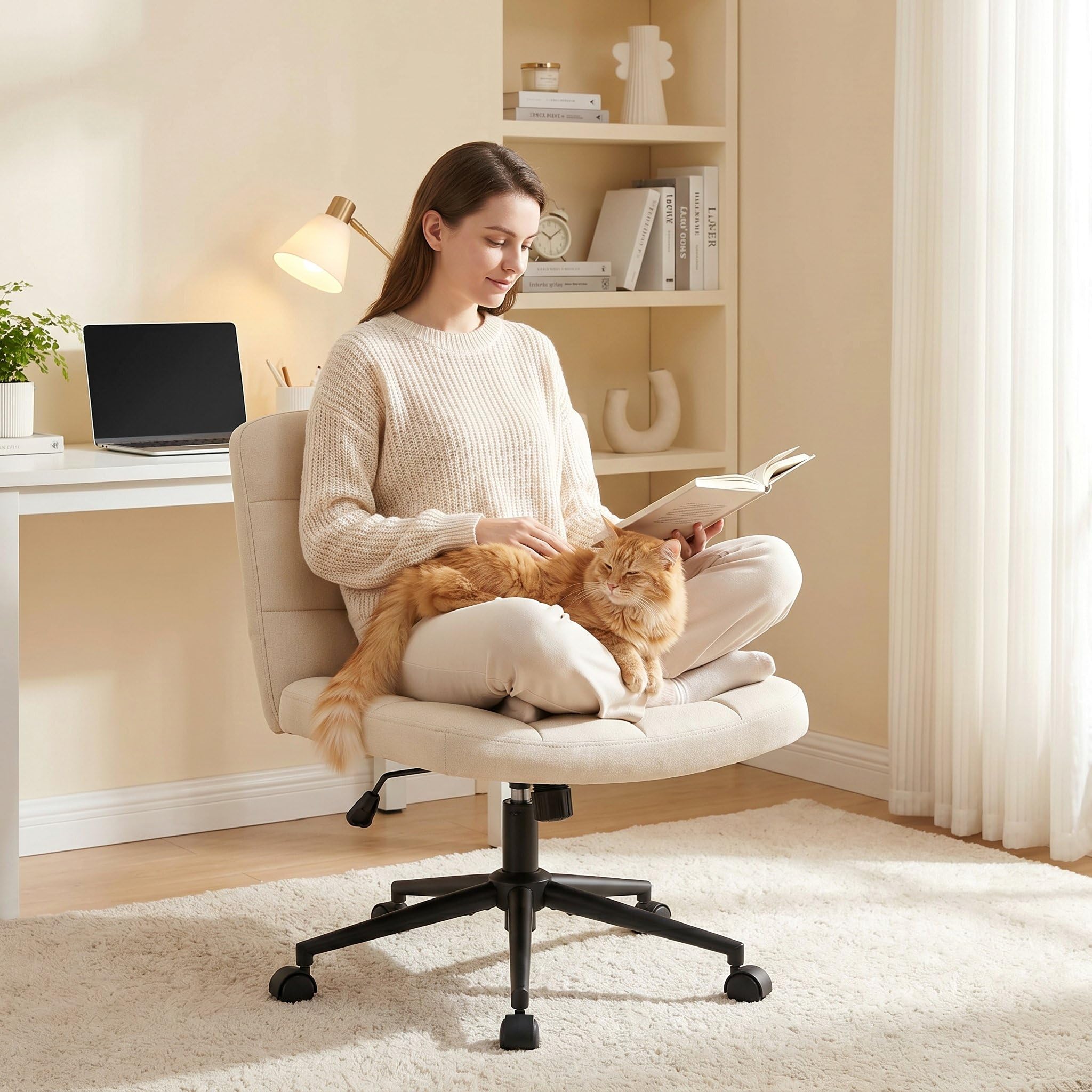 Clevich Bürostuhl Ohne Armlehne, breiter Schneidersitz Schreibtischstuhl, ergonomischer höhenverstellbar, moderner Drehstuhl mit Wippfunktion für Home Office und Schlafzimme (Leinen, Beige)