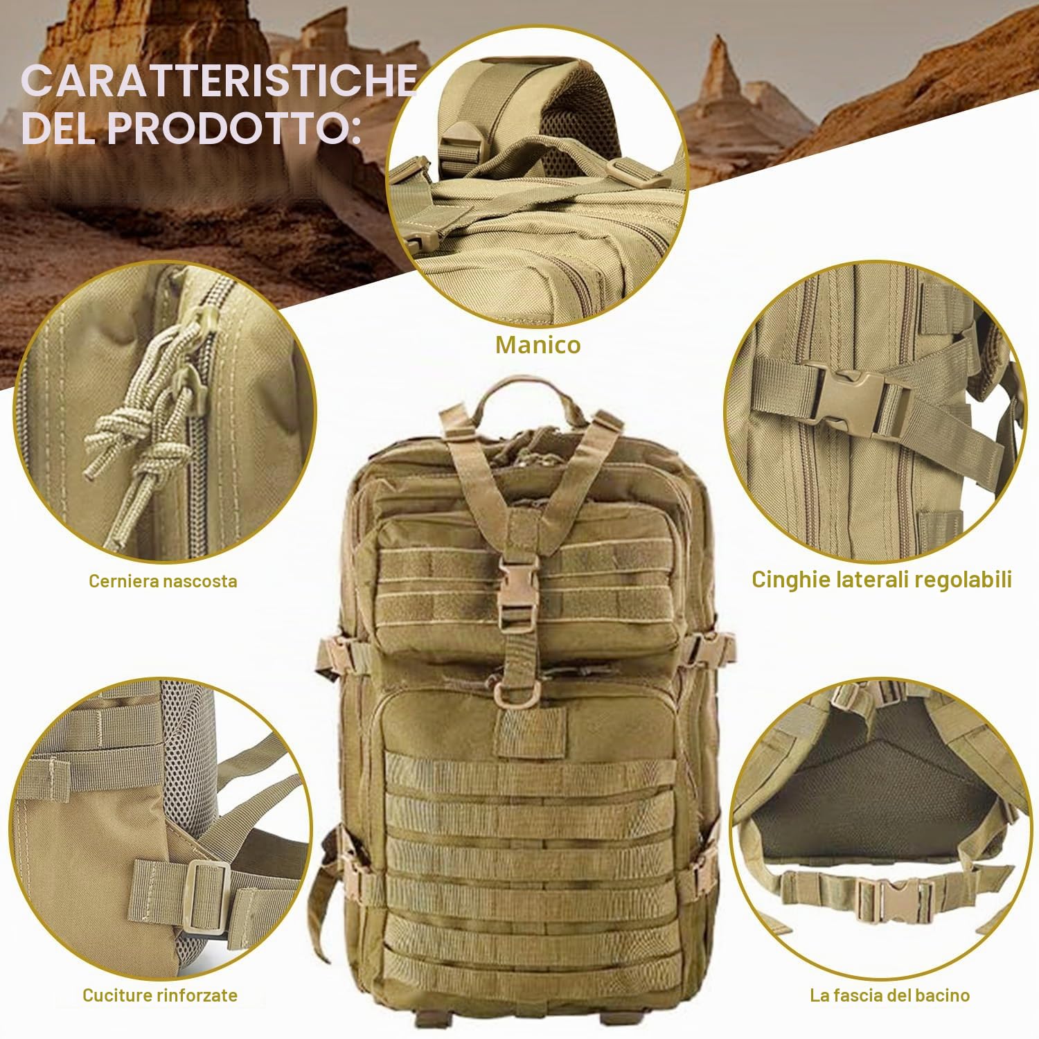 aiGear 45L Zaino Tattico Militare Grande Capacità Impermeabile Kaki | Zaino Trekking, Borsone da Viaggio per Uomo/Donna, per Sport all'aperto Trekking Escursioni Pesca Palestra Camping