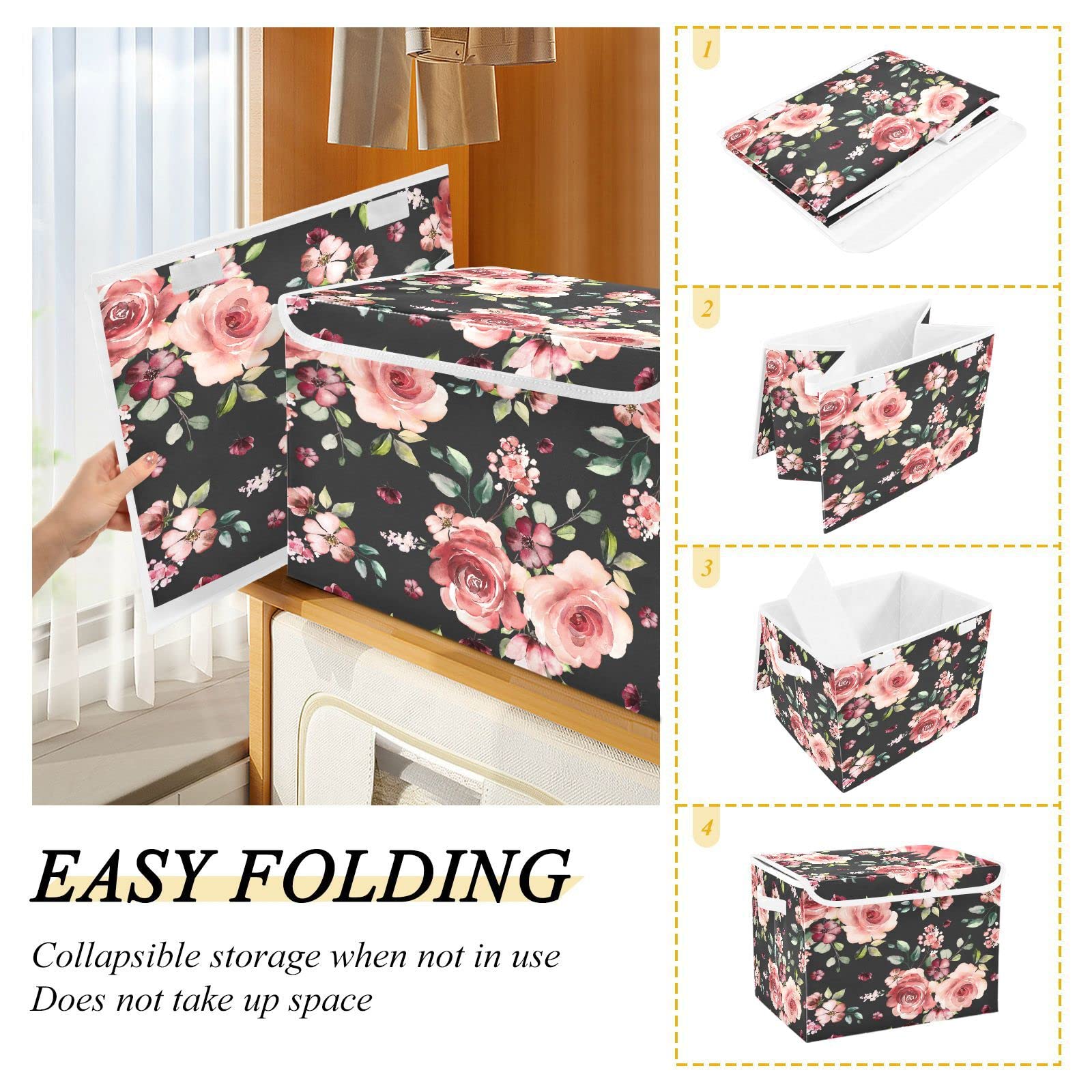 Mnsruu Storage Boxes with Lids, Shaby Chic Rose Peony Dark Grey Large Storage Basket Organizer Shelves Cube Bin Toy Clothes Underbed - Image 4