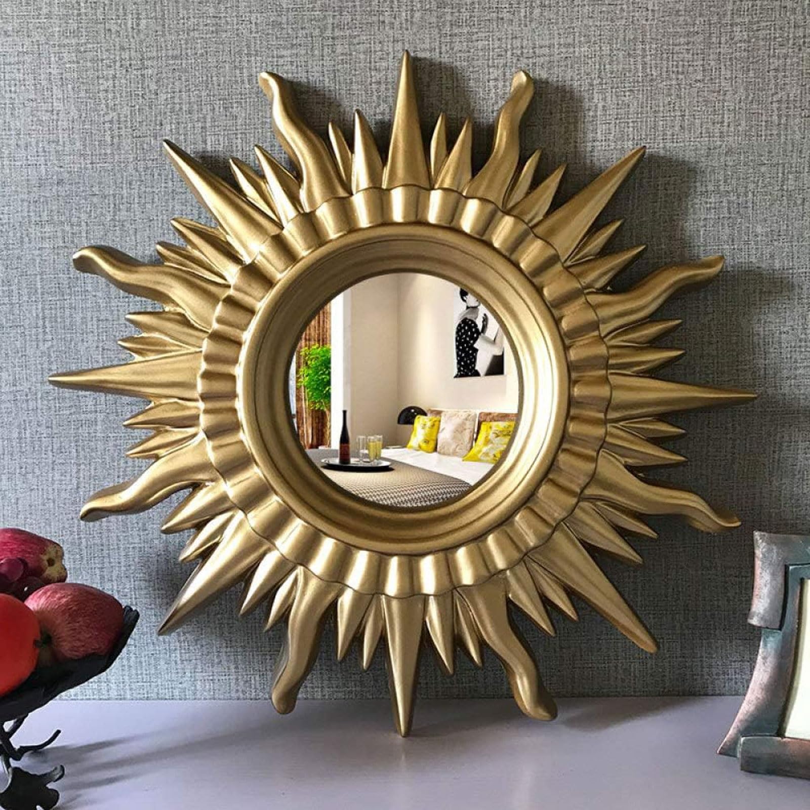 Handgefertigter Sonnenspiegel, runde Sonnen-Wanddekoration, bemalt, geschnitzt, Wohnzimmer, Schlafzimmer, Flur, Geschenk