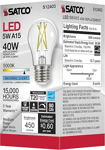 Miniatura 6 de Satco Paquete de 6 bombillas de filamento LED regulables Edison vintage, S12403, lúmenes altos, 5 vatios, A15 transparente base media 5000 K 90 CRI