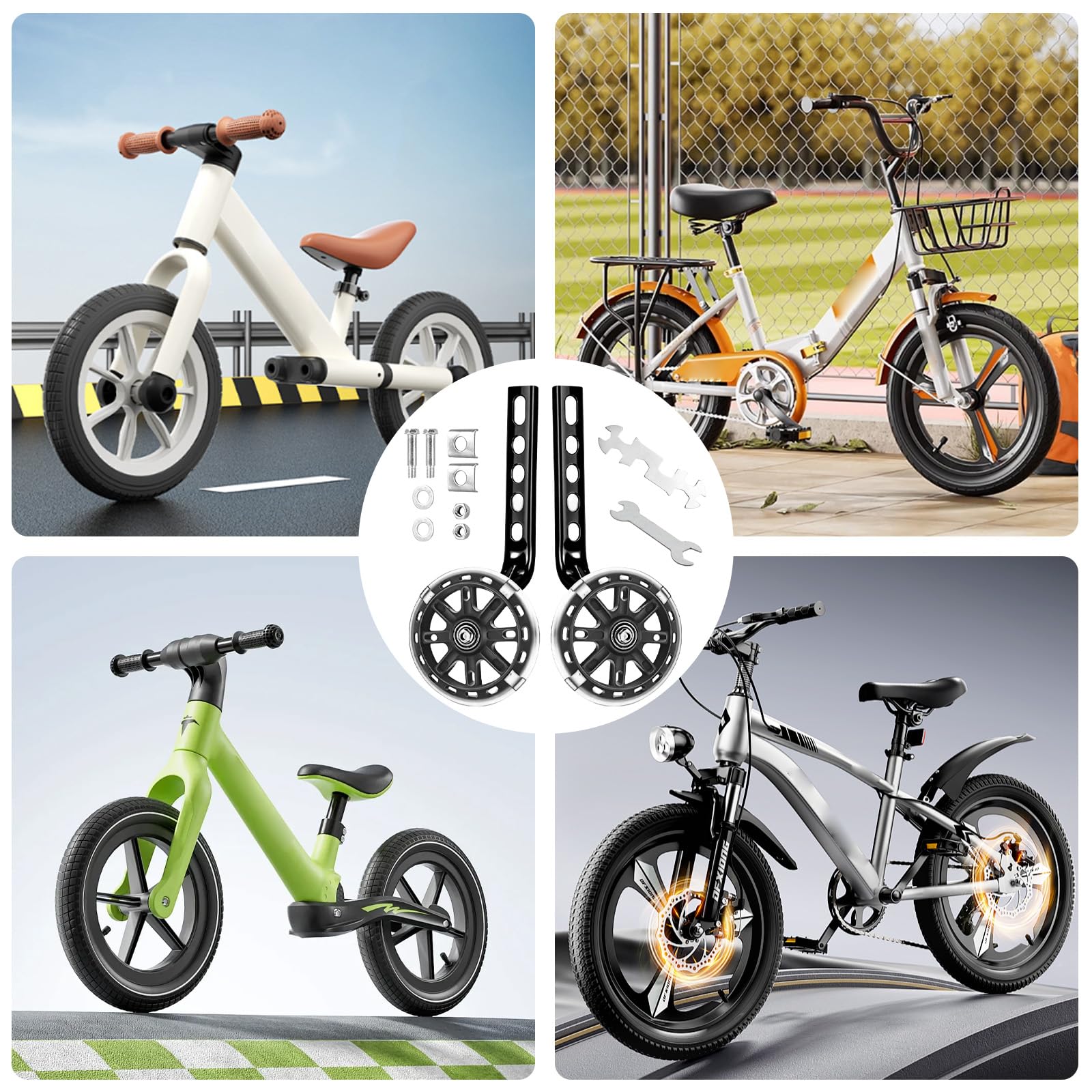 Ruote di Supporto per Bicicletta,Ruote di Supporto Regolabili per Biciclette,Rotelle Universali Bici,con Ruote di Sicurezza Luminose,Bicicletta Stabilizzatori Laterali Bici,per 12-20 Pollici