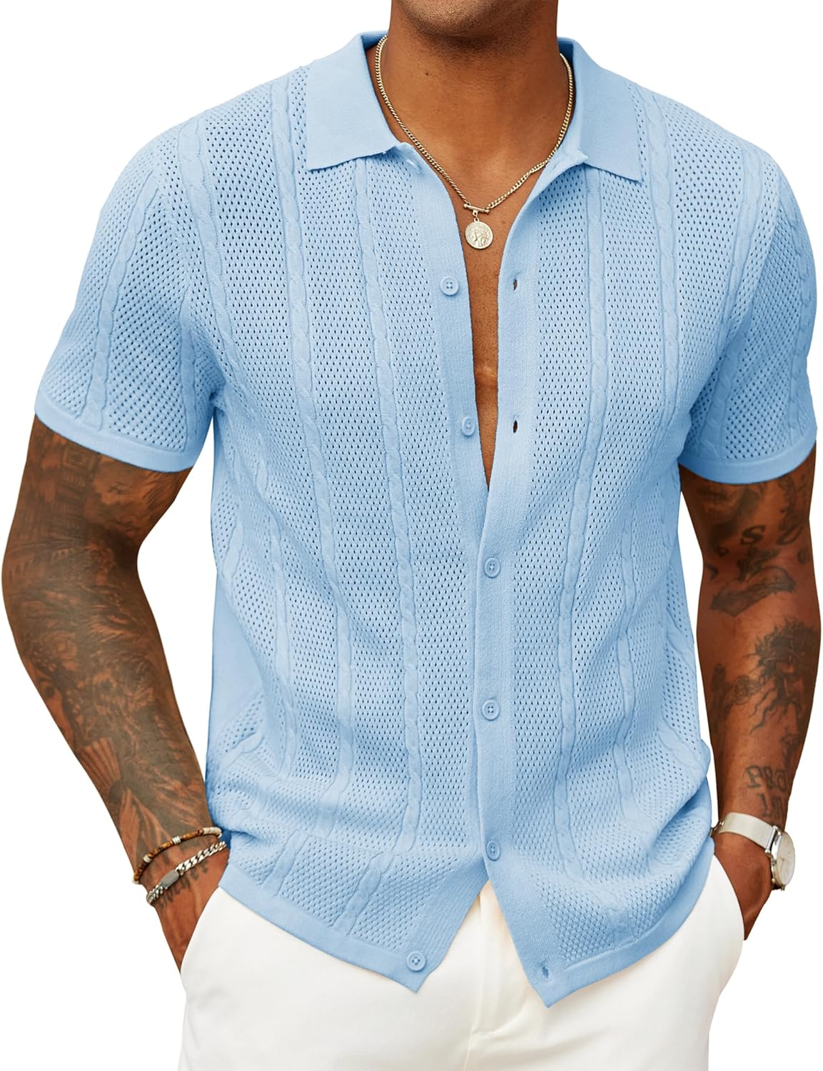 COOFANDY Mens Knit Button Down Shirts Casual Textured Polo Shirt Short Sleeve Vintage Summer Beach Tops