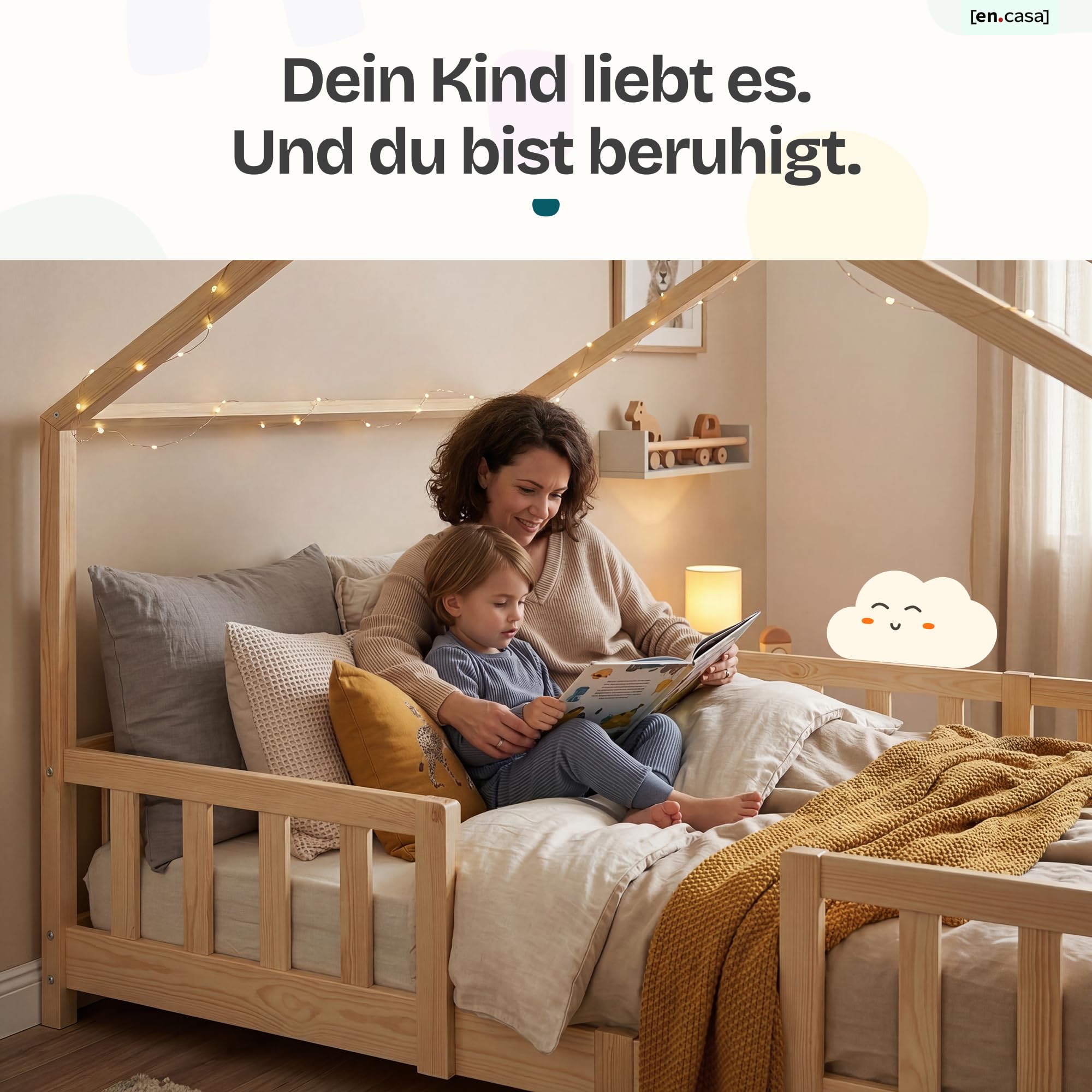 Kinderbett Treviolo Hausbett 120 x 200 cm Holzbett mit Rausfallschutz Montessori Bettgestell Kiefernholz