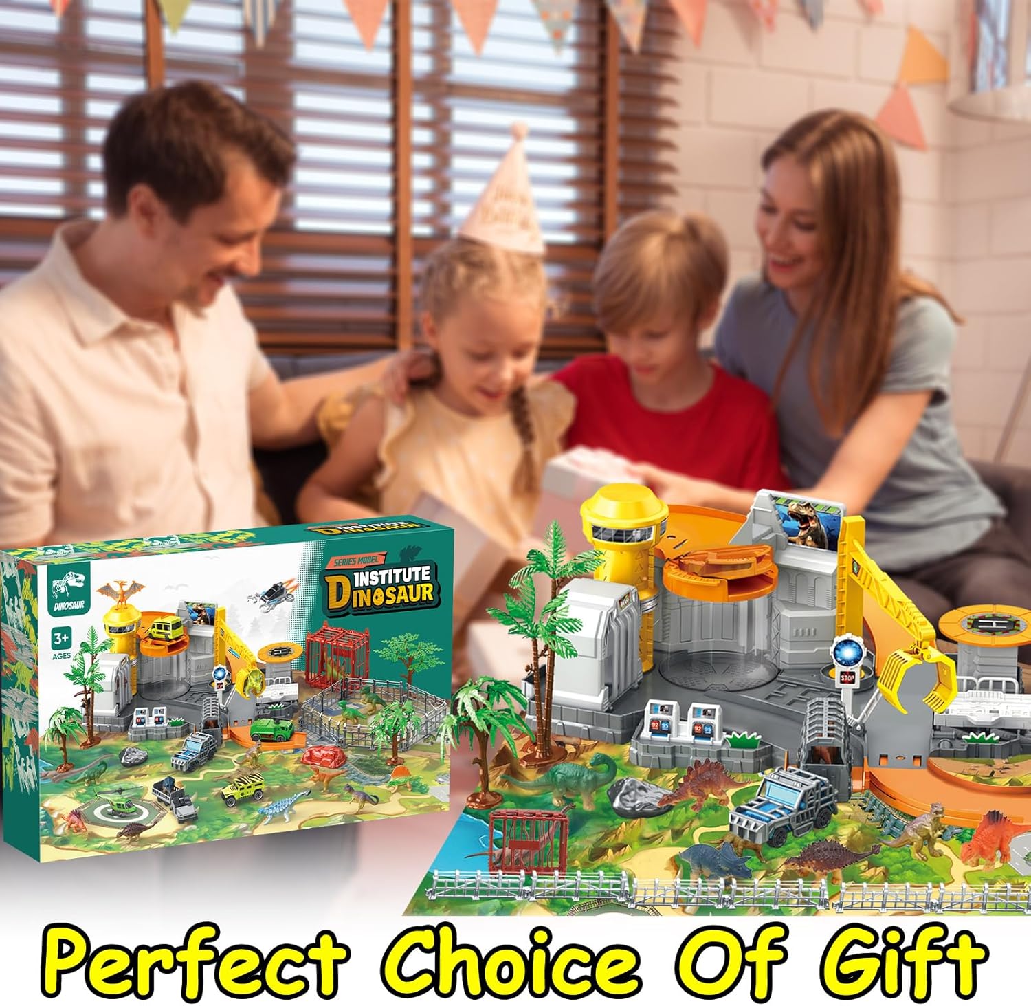 Dinosaur Toys Playset, Vehicles Construction Track Set with Map, Realistic Dinosaurs Figures, Parking Barrier, Crane & Cars, Educational STEM Learning for Kids Ages 3-12, (ASTM Certified)