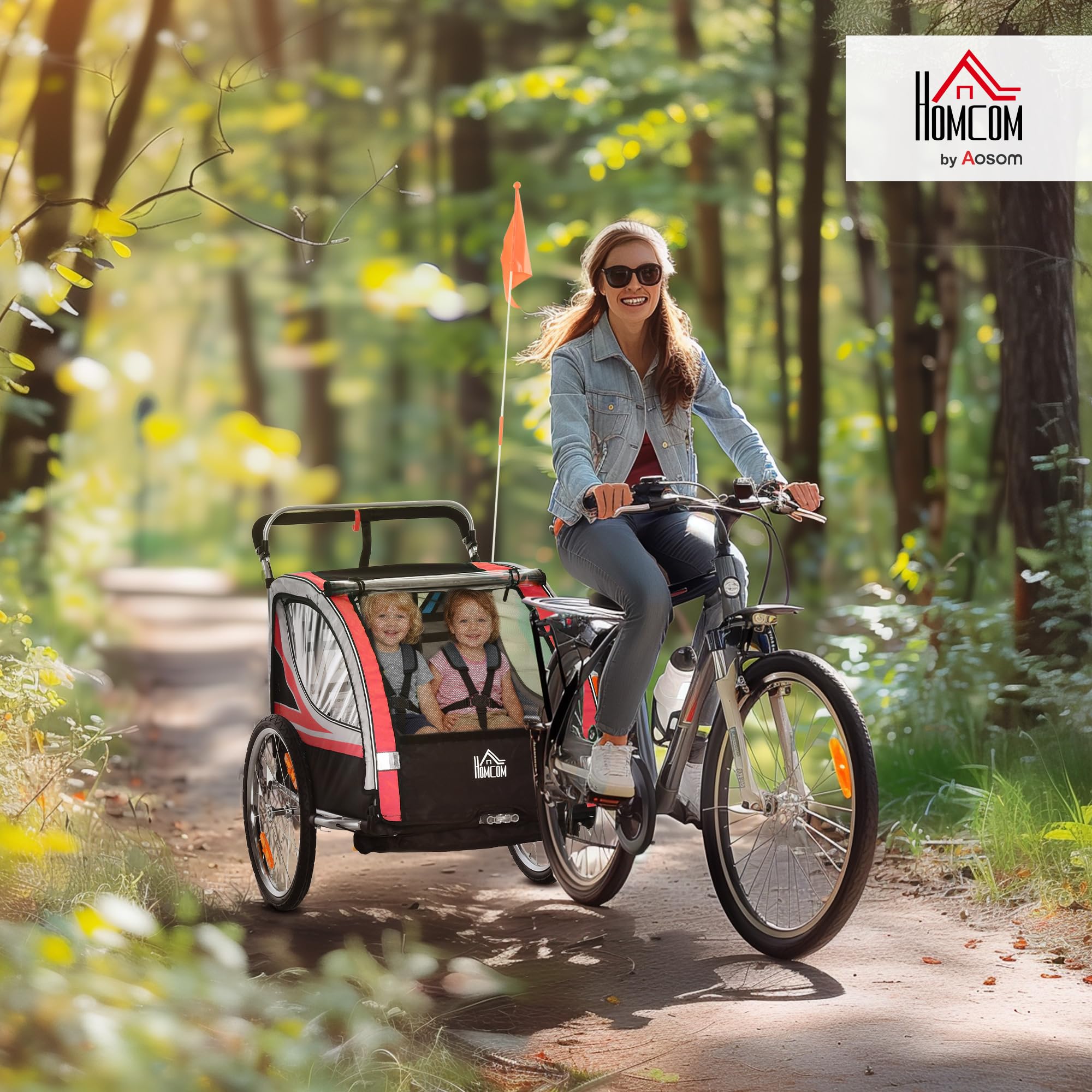 HOMCOM 2 in 1 Kinderfahrradanhänger, Fahrradanhänger mit Mesh-Tür, 360° Drehbares Vorderrad, Buggy mit Bremse, 142 x 75 x 101 cm
