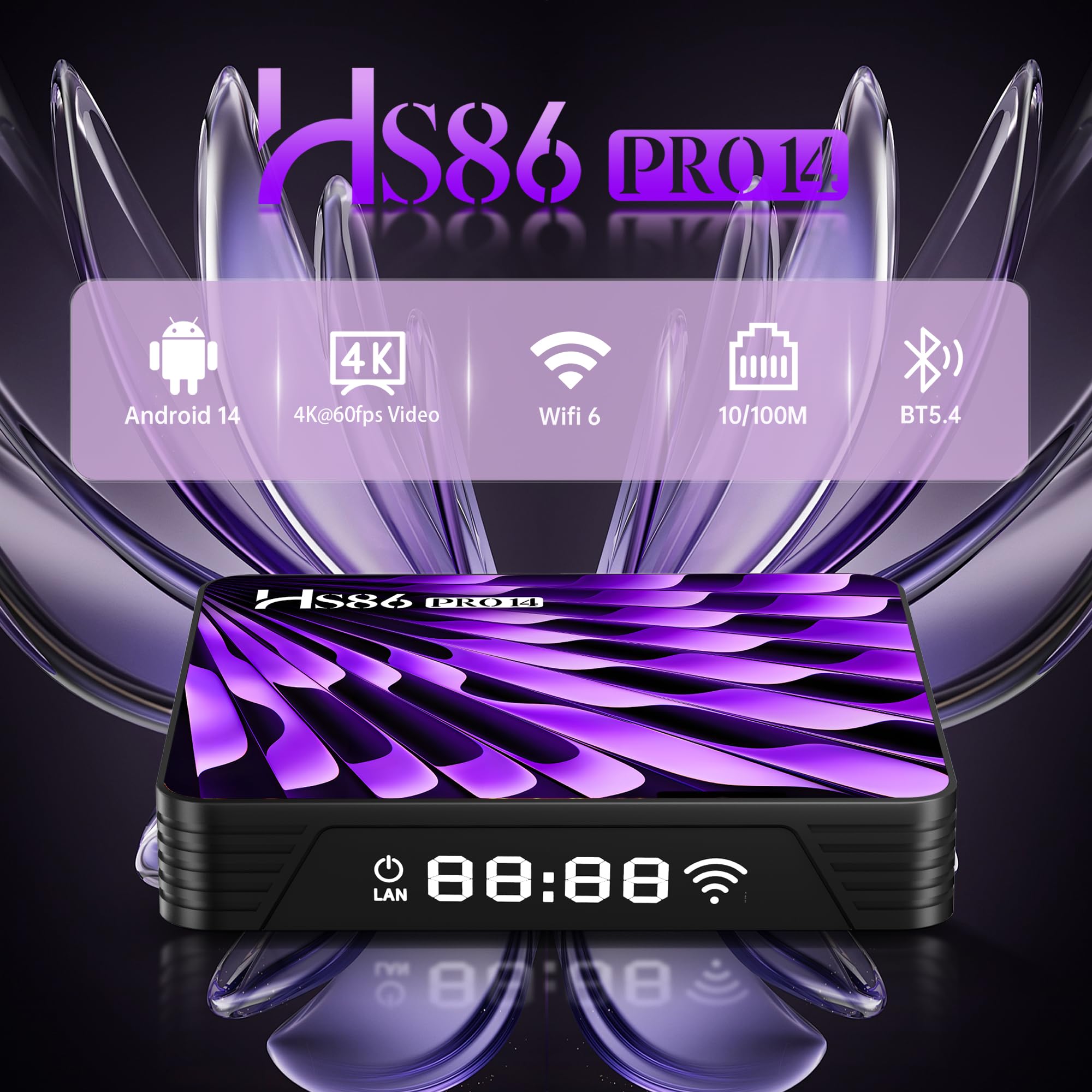 HS86 PRO14 TV Box Android 14.0 8K 2026 Box Android 2 GB RAM 16 GB ROM RK3518 Chipset, 2,4 GHz 5,0 GHz Doppio WiFi6 BT5 USB3.0 10/100 Ethernet HD HDR10+ Smart TV Box Internet con Telecomando Bluetooth