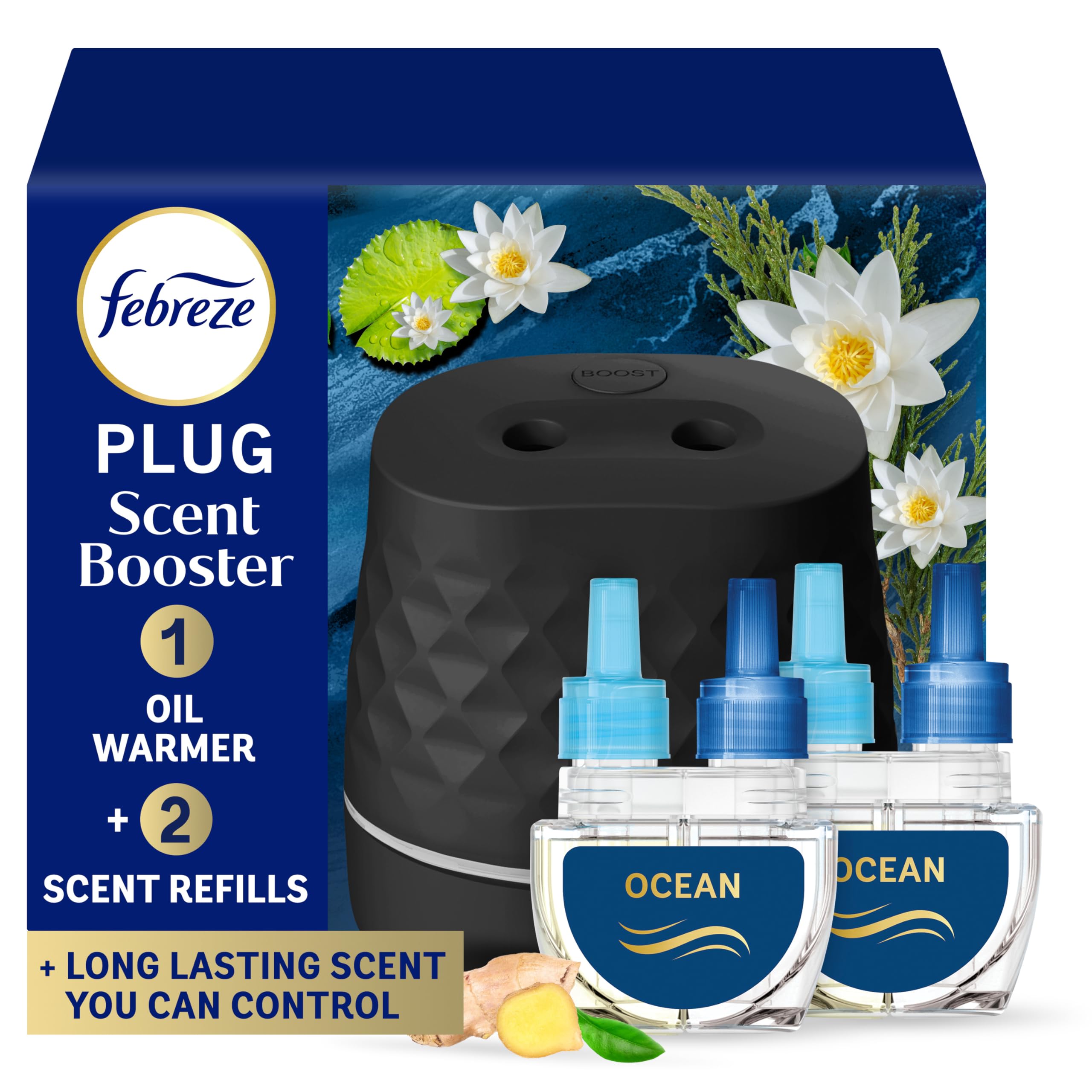Febreze Plug Scent Booster Starter Kit, Black, Oil Diffuser, Air Freshener, Continuous Scent Device + 2 Ocean Refills