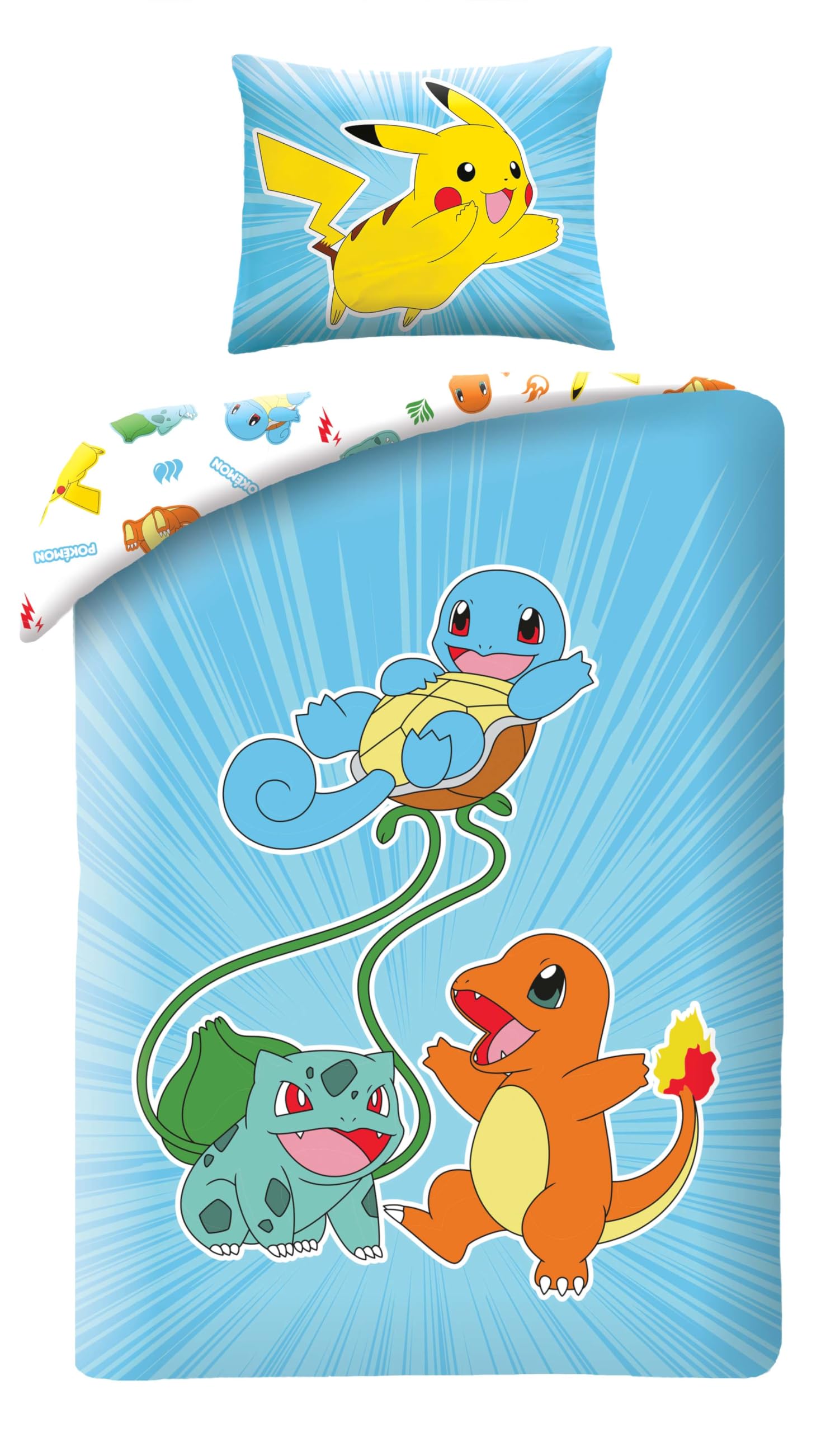 Halantex Blue Pokemon Reversible Duvet Cover With Pikachu, Charmander, Squirrel And Bulbasarre, With Pillowcase, Bedding Set 140 X 200 Cm, 65 X 65 Cm