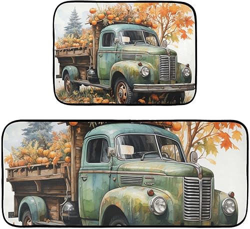 Kitchen Mats for Floor 2 Piece Set Painting Truck Pumpkins Print, Anti Skid Cushioned Water Absorbent Kitchen Rugs Door Mat Floor Mats for Kitchen